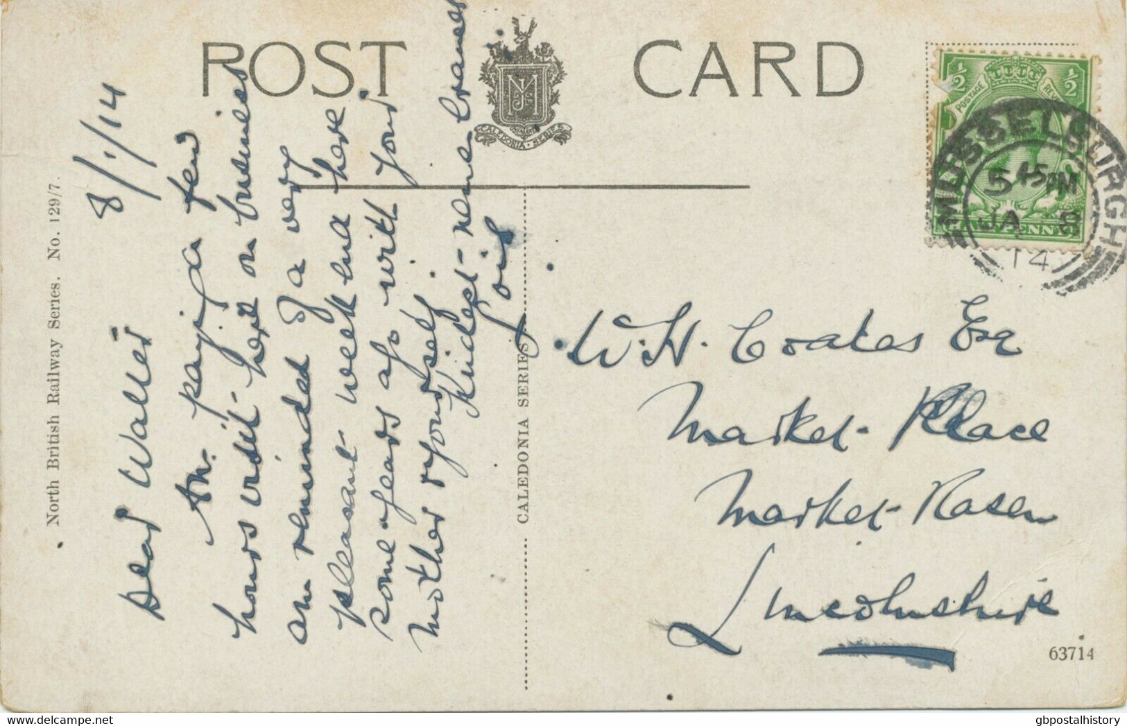 GB SCOTTISH VILLAGE POSTMARKS „MUSSELBURGH“ Very Fine Strike (25mm, Time Code „5 45PM“) On Very Fine Col. Postcard 1914 - Ecosse