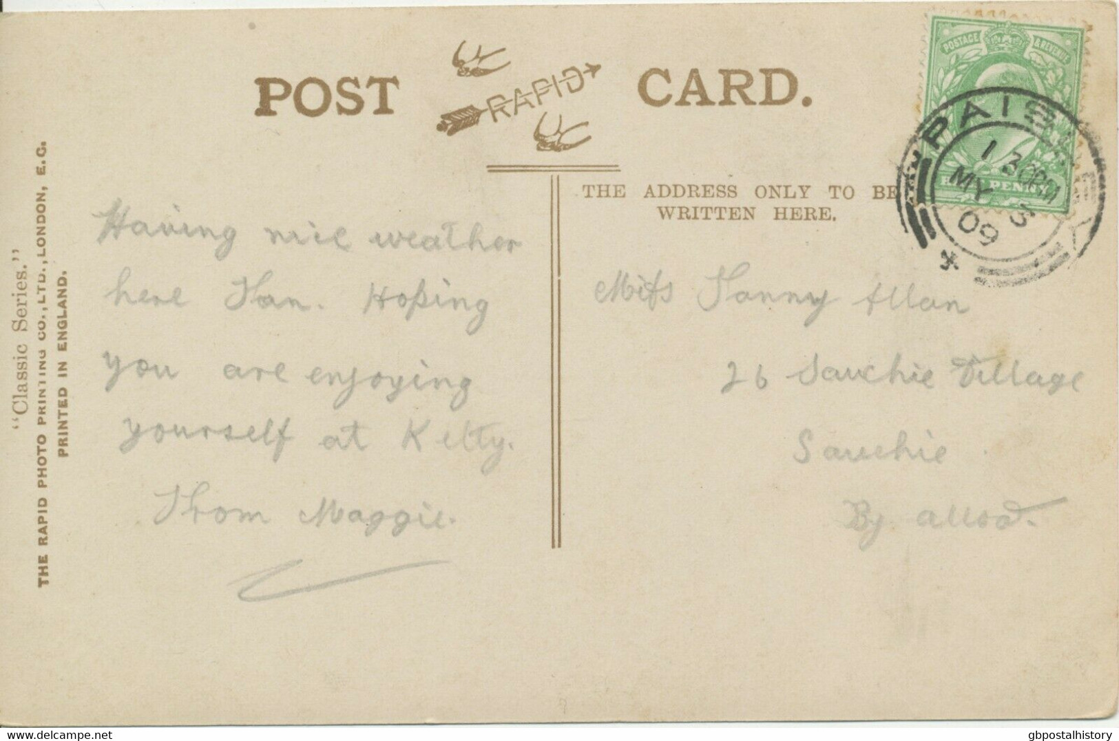 GB SCOTTISH VILLAGE POSTMARKS „PAISLEY“ Superb Strike (25mm, Time Code „1 30PM“) On VF RP Postcard (Madge Crichton) 1909 - Schottland