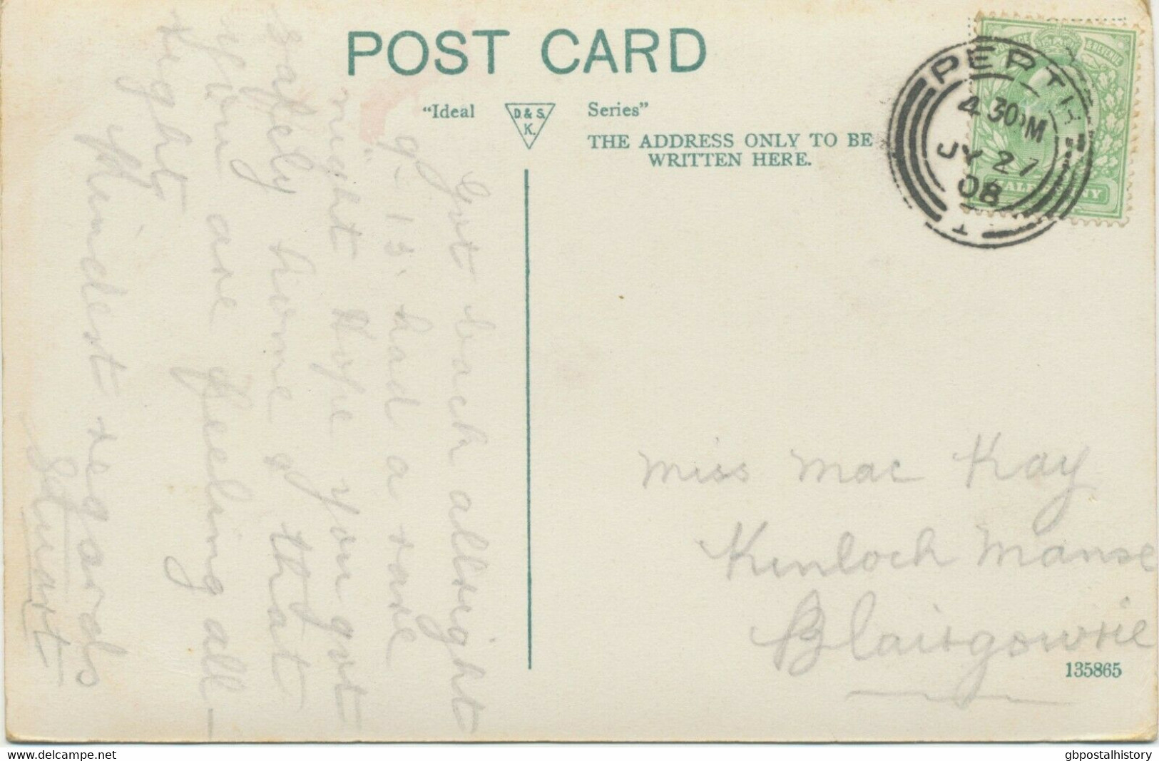 GB SCOTTISH VILLAGE POSTMARKS „PERTH / 1“ Superb Strike (25mm, Time Code „4 30PM“) On Very Fine Vintage Postcard 1908 - Ecosse