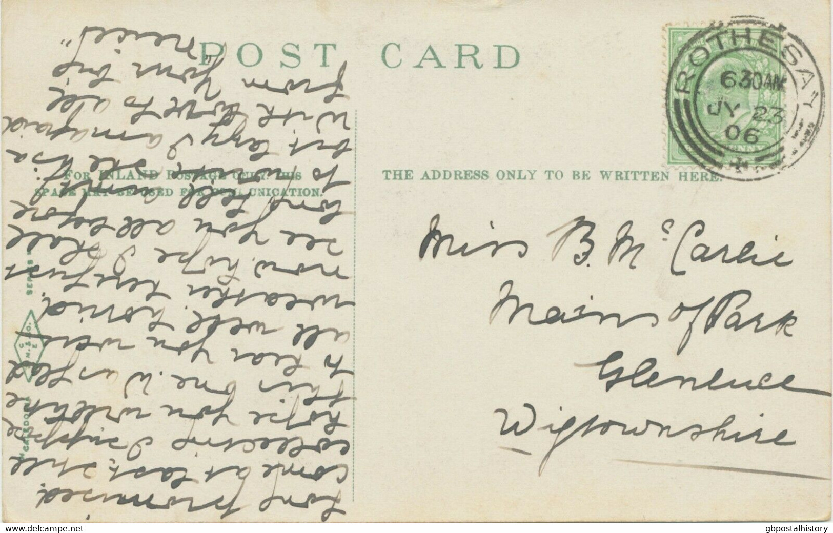 GB SCOTTISH VILLAGE POSTMARKS „ROTHESAY“ Superb Strike (26mm, Time Code „6 30AM“) On Superb Postcard (Rothesay) 1906 - Schottland