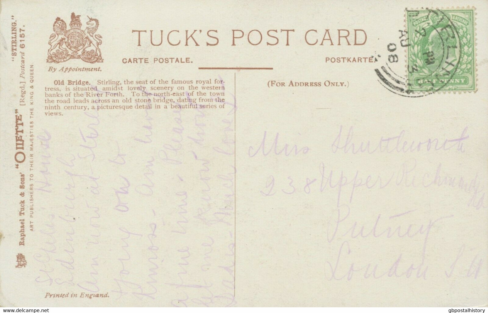 GB SCOTTISH VILLAGE POSTMARKS „STIRLING“ Very Fine Strike (26mm, Time Code „2 PM“) Superb Tuck‘s Oilette Postcard 1908 - Scotland