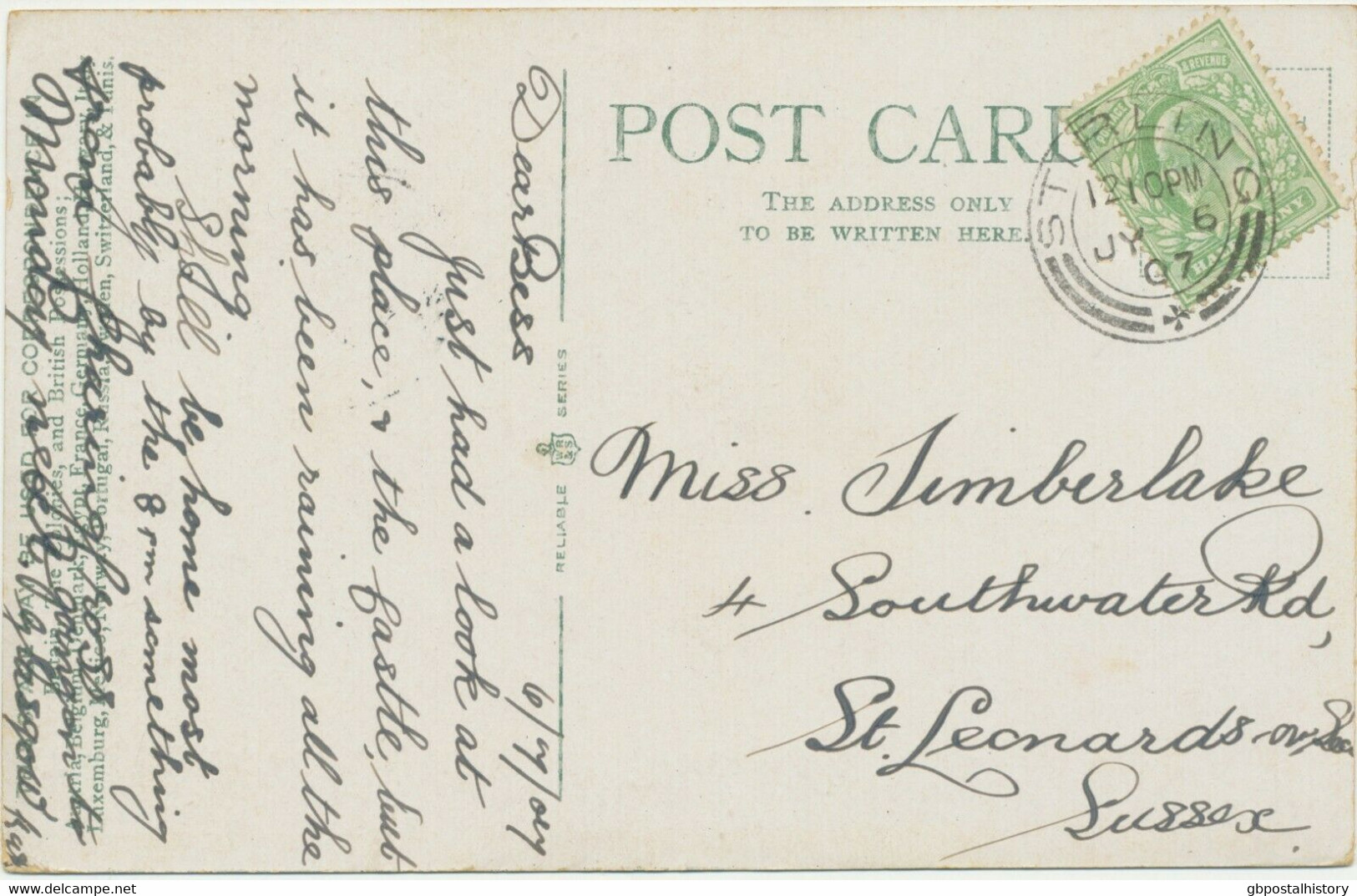GB SCOTTISH VILLAGE POSTMARKS „STIRLING“ Superb Strike (24mm, UNCOMMON Time Code „1210PM“) On Very Fine Postcard 1907 - Schotland