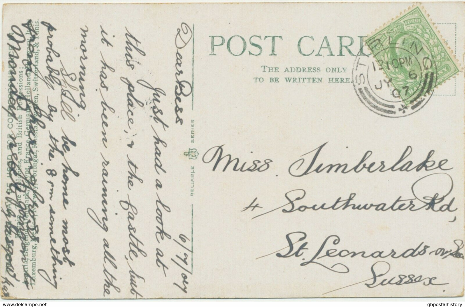 GB SCOTTISH VILLAGE POSTMARKS „STIRLING“ Superb Strike (24mm, UNCOMMON Time Code „1210PM“) On Very Fine Postcard 1907 - Schottland