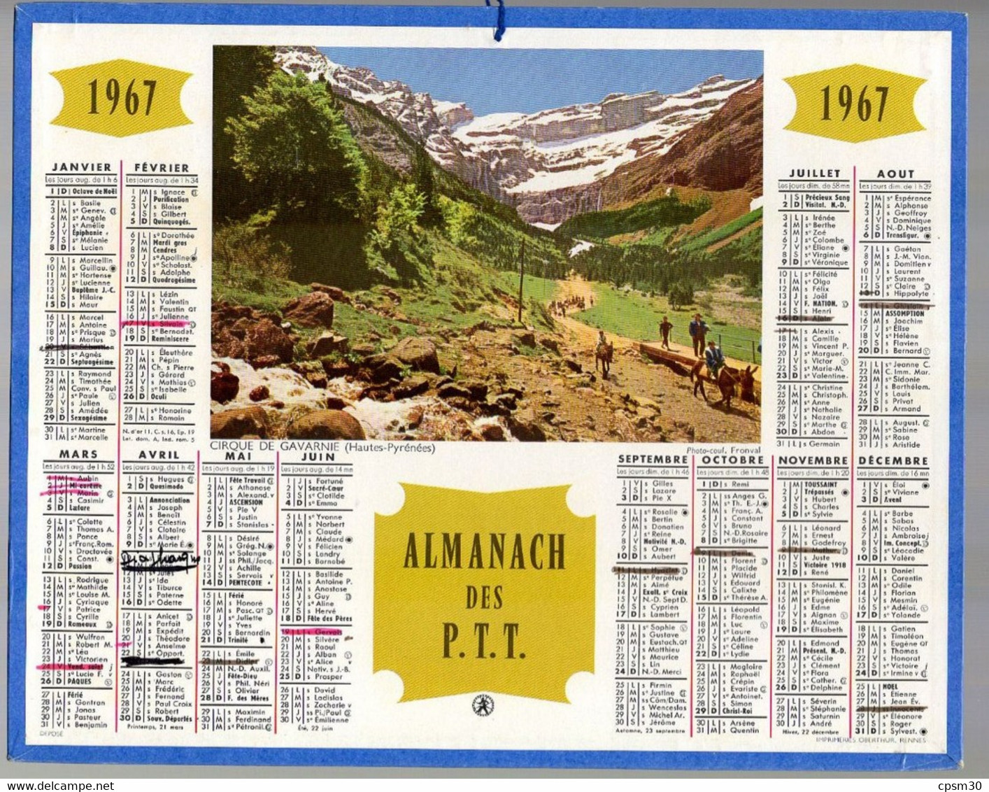 CALENDRIER GF 1967 - Cirque De Gavarnie, Imprimeur Oberthur Rennes - Grand Format : 1961-70