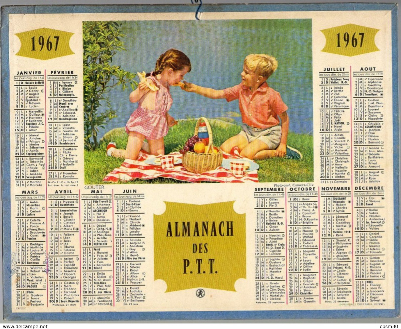 CALENDRIER GF 1967 - Gouter Des Enfants Sur L'herbe (barboteuse), Imprimeur Oberthur Rennes - Grand Format : 1961-70