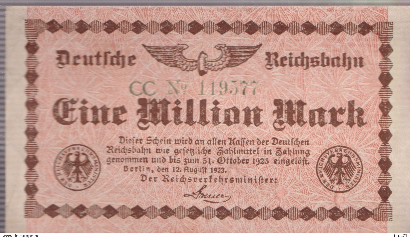 Notgeld Allemagne 1 Million Mark Reichsbahn - Chemin De Fer - 12/08/1923 - Très Bon état - Verzamelingen