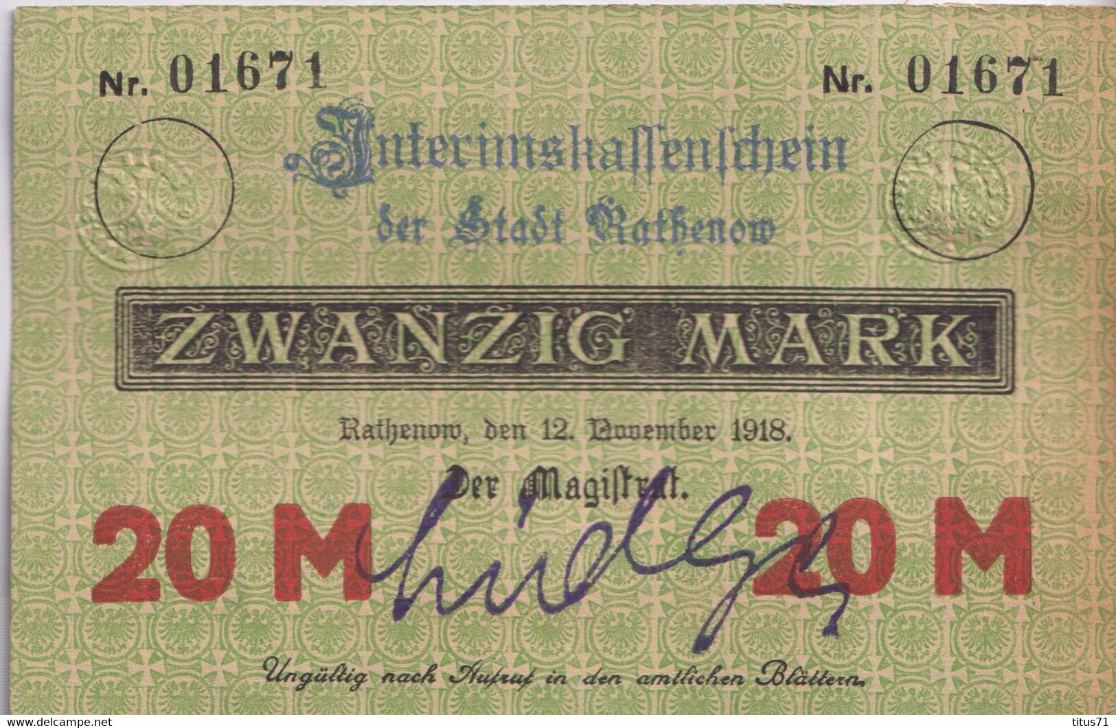 Notgeld Allemagne 20 Mark Rathenow - 12/11/1918 - Très Bon état - Verzamelingen
