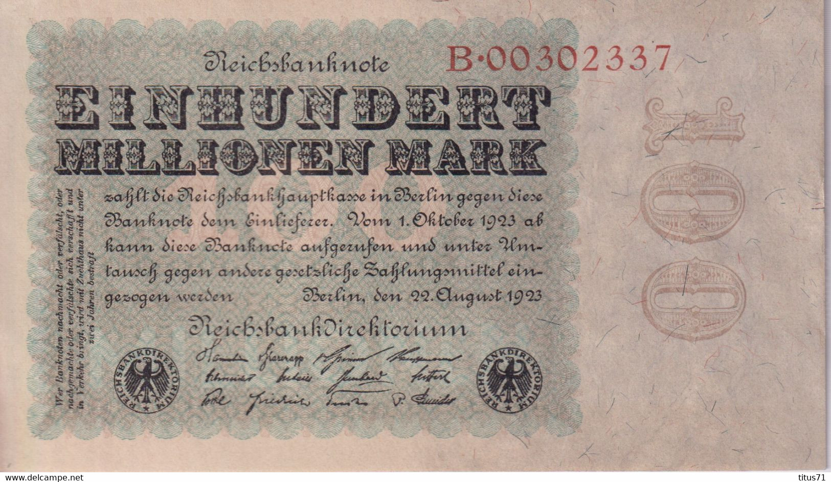 Notgeld Allemagne 100 Millionen Mark / 100 Millions Mark - 22/08/1923 - Sup / XF - Colecciones