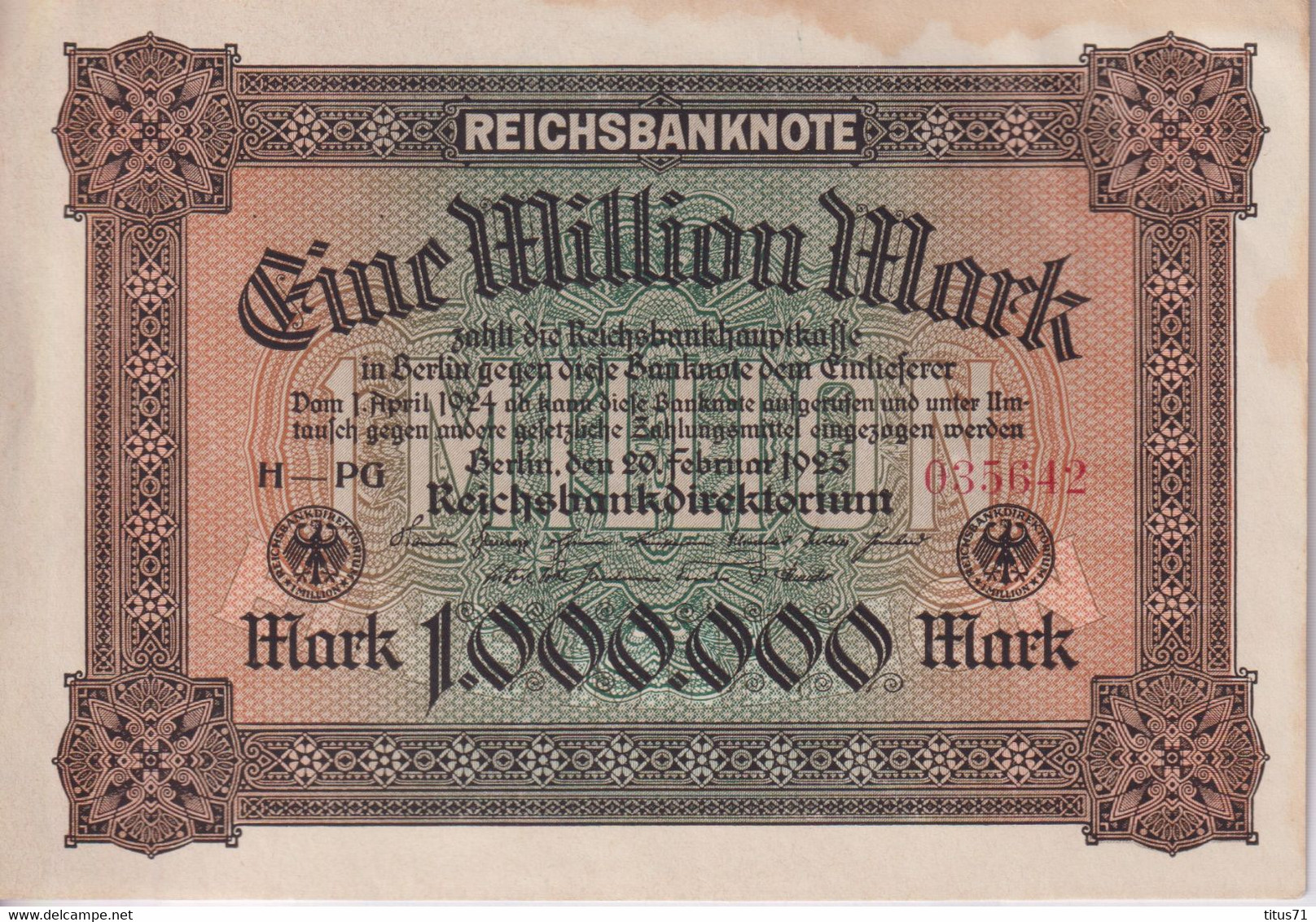 Notgeld Allemagne 1 Million Mark Reichsbanknote - 20/02/1923 - Sup / XF - 1 Mio. Mark