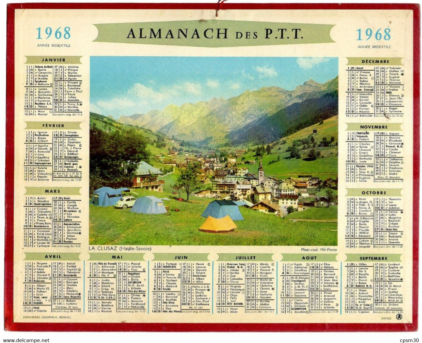 CALENDRIER GF 1968 - La Clusaz 74 Haute-Savoie, Imprimeur Oberthur Rennes - Grand Format : 1961-70