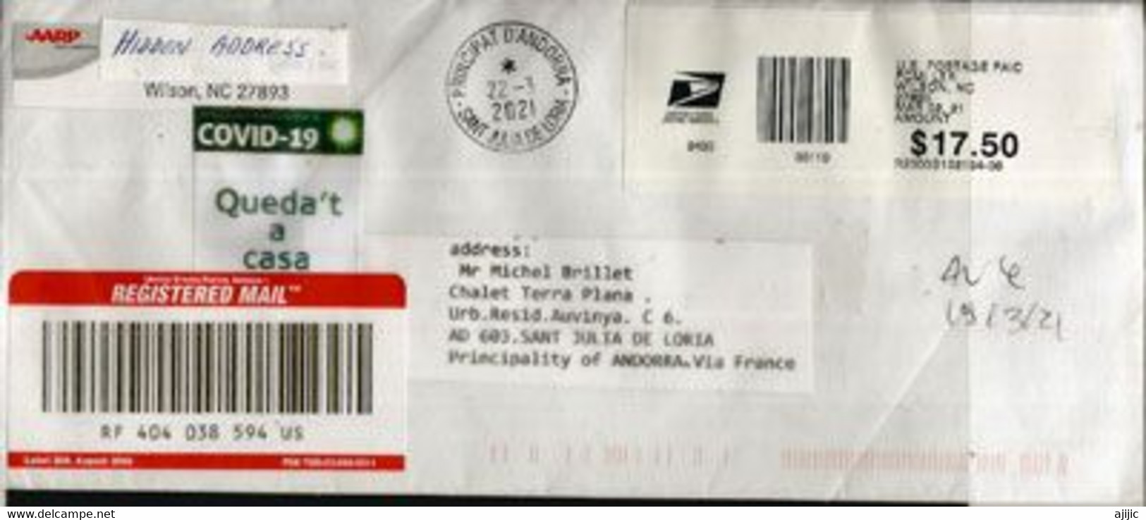 Registered Letter From North-Carolina Sent To Andorra During Covid-19 Lockdown, With Local Prevention Sticker STAY HOME - Cartas & Documentos