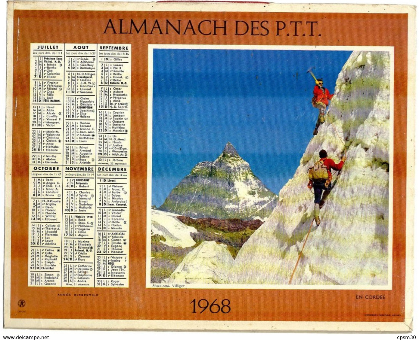 CALENDRIER GF 1968 - Vogue 07 Ardèche, Alpinistes En Cordée, Imprimeur Oberthur Rennes (calendrier Double) - Grand Format : 1961-70