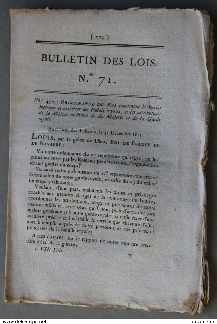 Bulletin Des Lois Du Royaume De France N°71, 7e Série, T.2, 1816, Service Intérieur Palais Royaux, Imprimerie Royal - Décrets & Lois