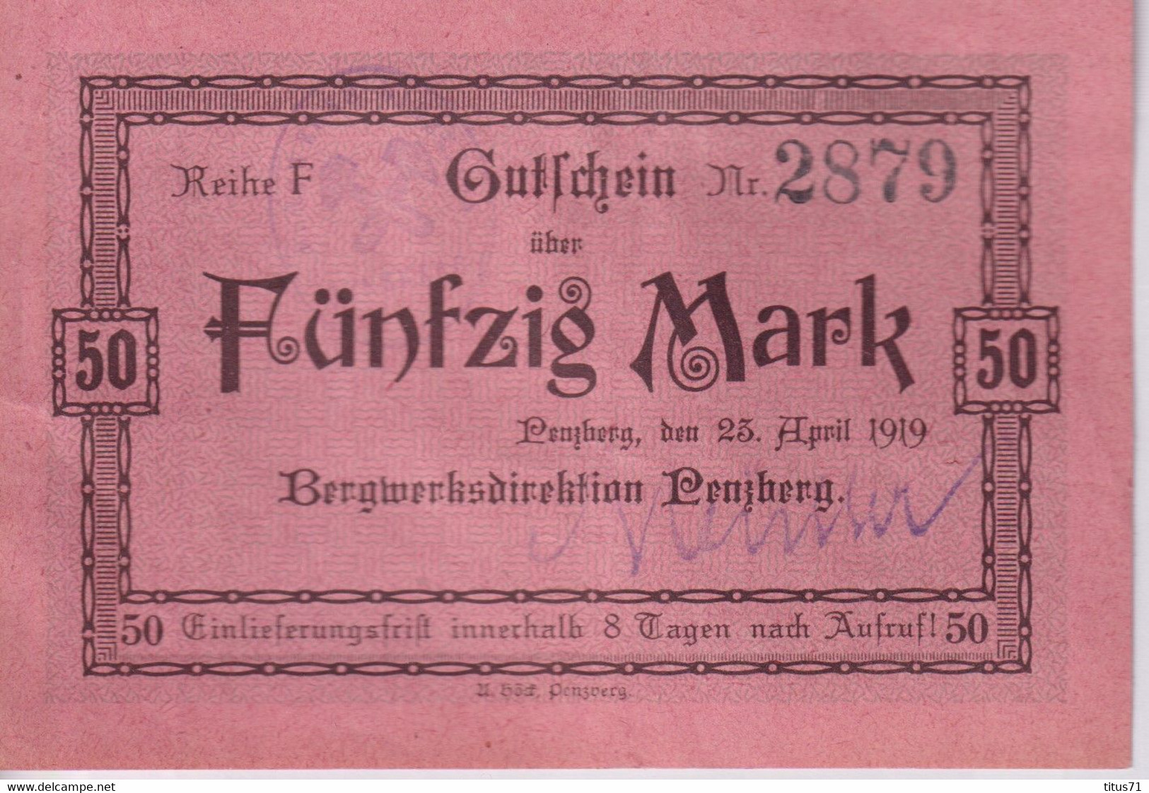 Notgeld Allemagne 50 Mark Penzberg- 23/04/1919 - Très Bon état / VF - Collezioni