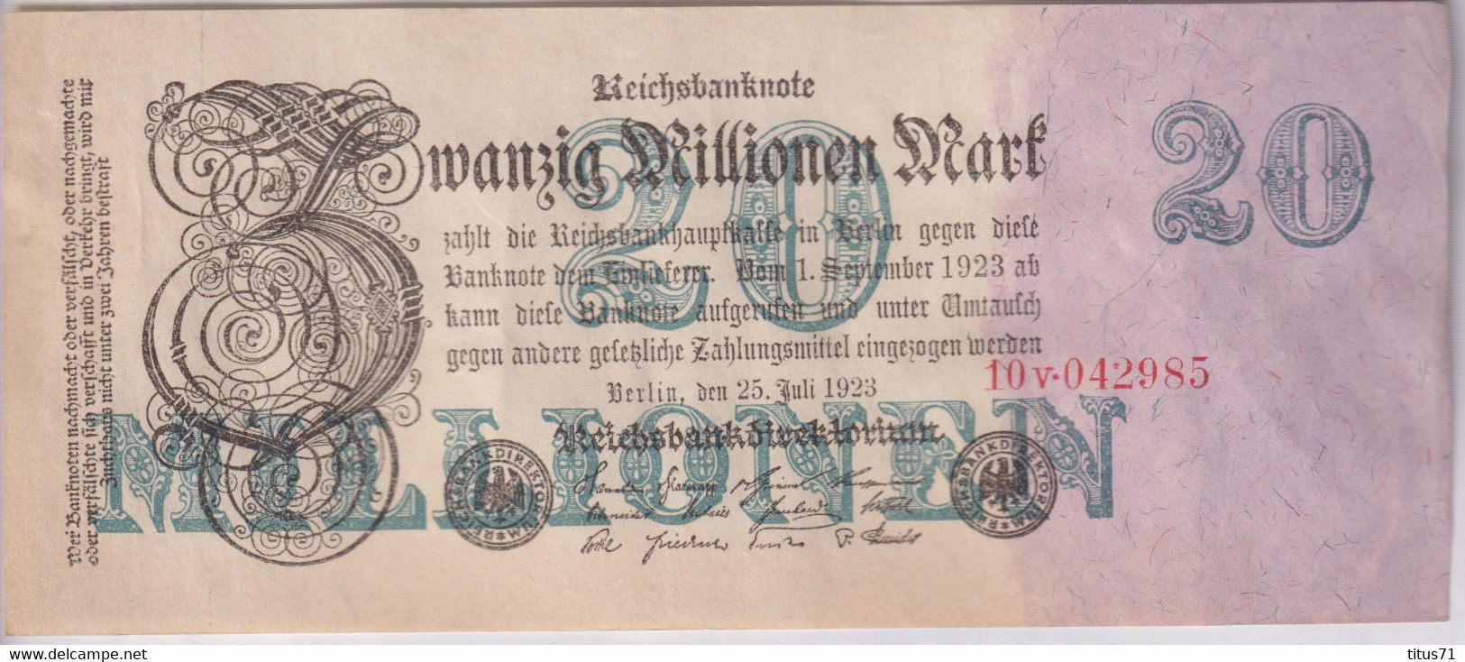 Notgeld Allemagne 20 Millionen Mark Reichsbanknote - 25/07/1923 - Sup / XF - 20 Mio. Mark