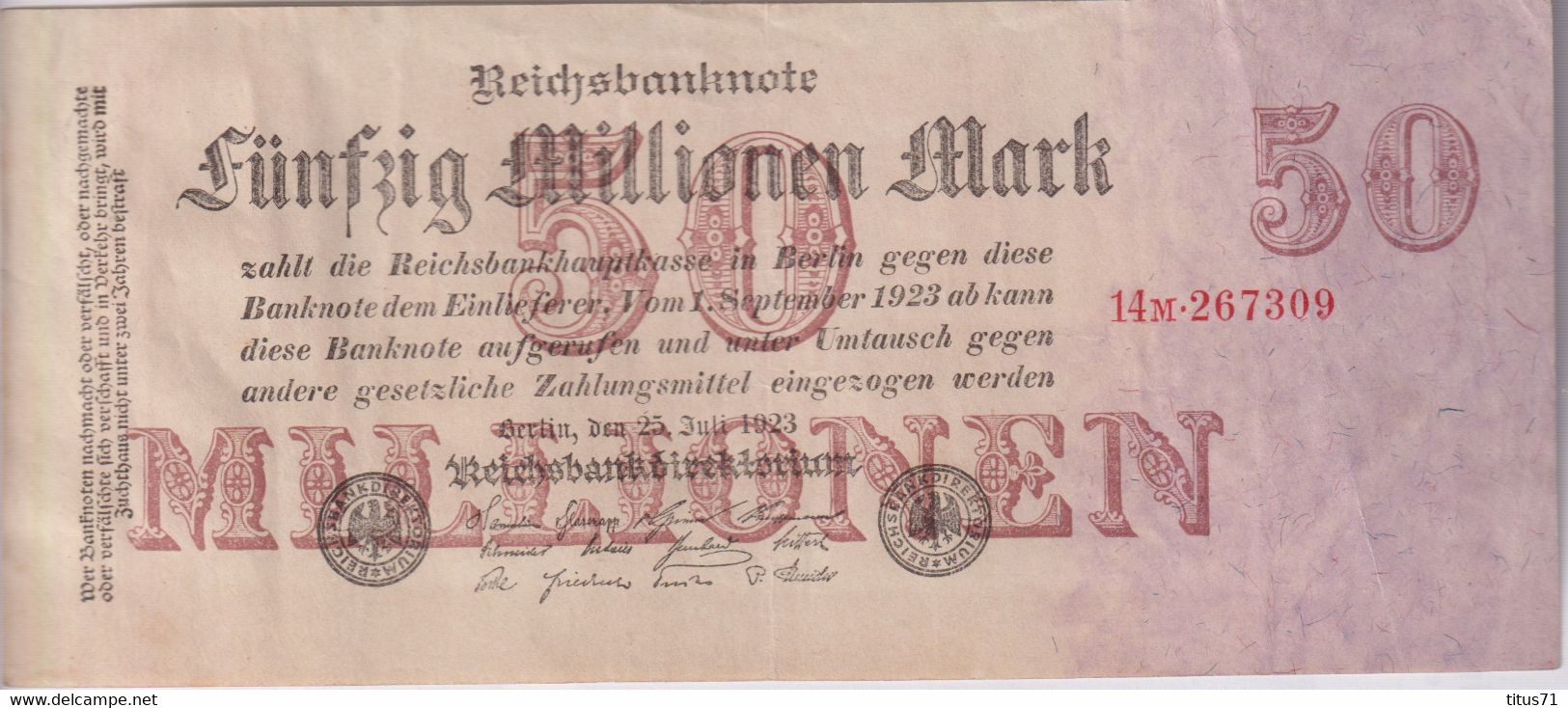 Notgeld Allemagne 50 Millionen Mark Reichsbanknote - 25/07/1923 - Sup / XF - 50 Millionen Mark