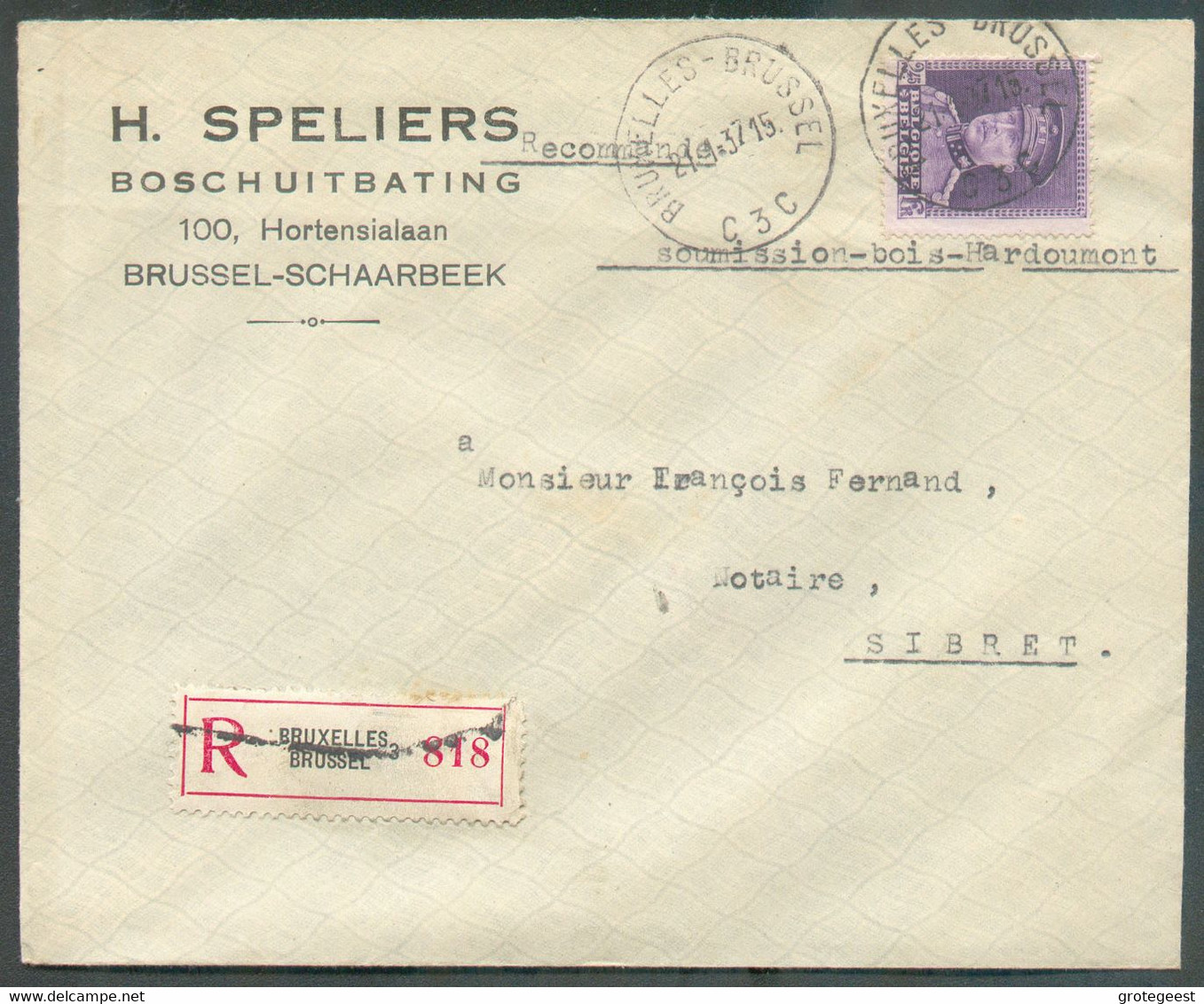 KEPI 2Fr.45 Obl. Sc BRUXELLES 3  sur Lettre Recommandée (ex H. SPELIERS Boschuitbating Schaarbeek) 21-9-1937 Vers Sibret - 1931-1934 Képi