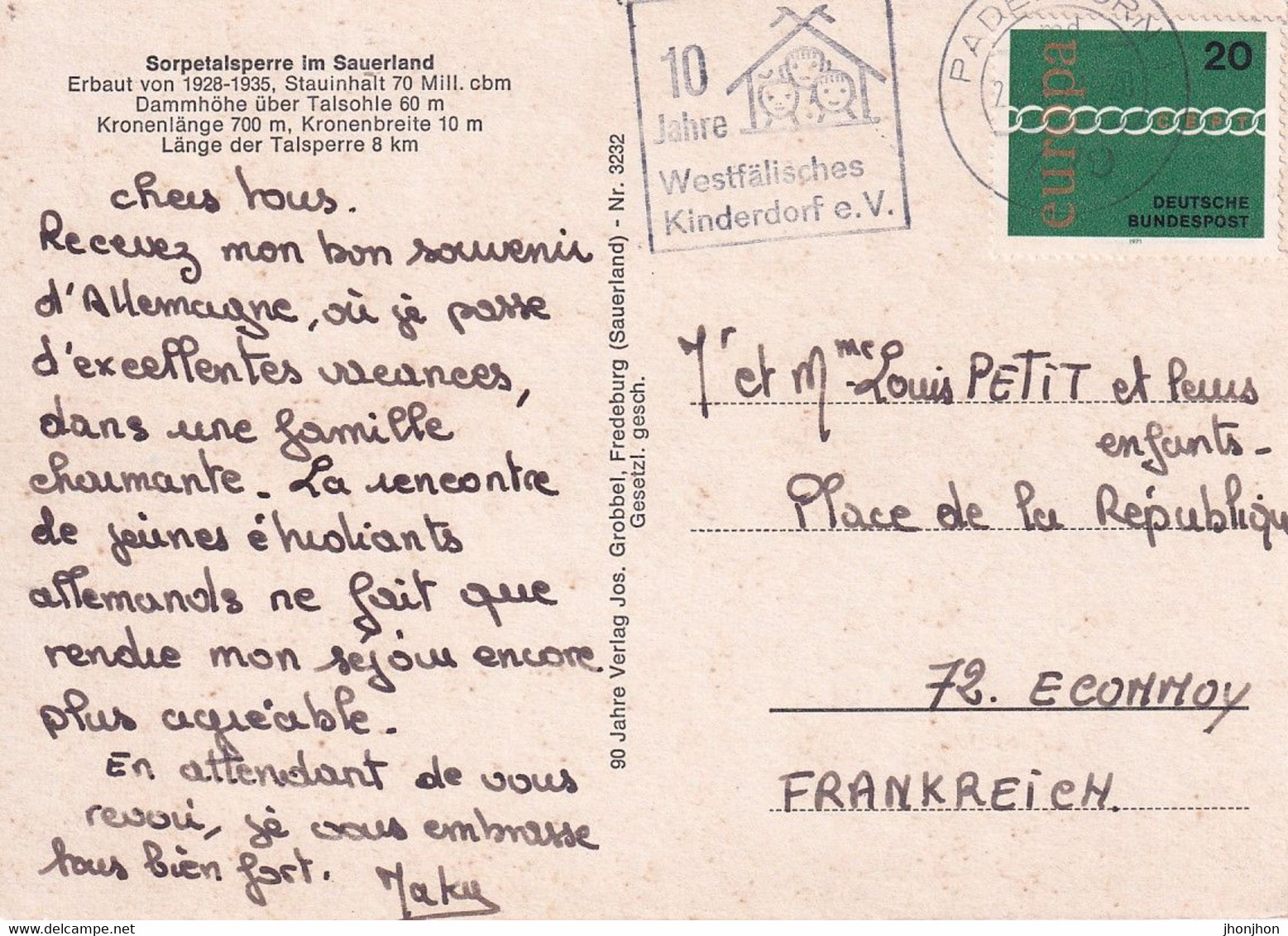 Germany -  Postcard Used 1971 - Sorpetalsperre Im Sauerland - 2/scans - Sundern