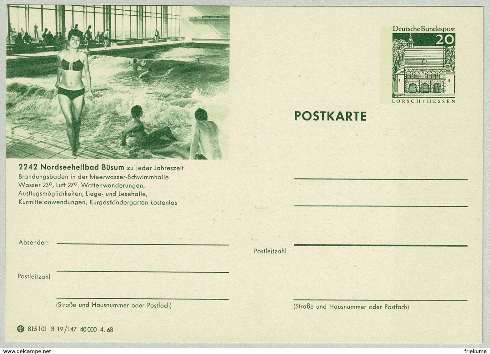 Deutsche Bundespost 1968, Bildpostkarte Nordseeheilbad Büsum, Brandungsbaden, Meerwasser, Schwimmhalle - Bäderwesen