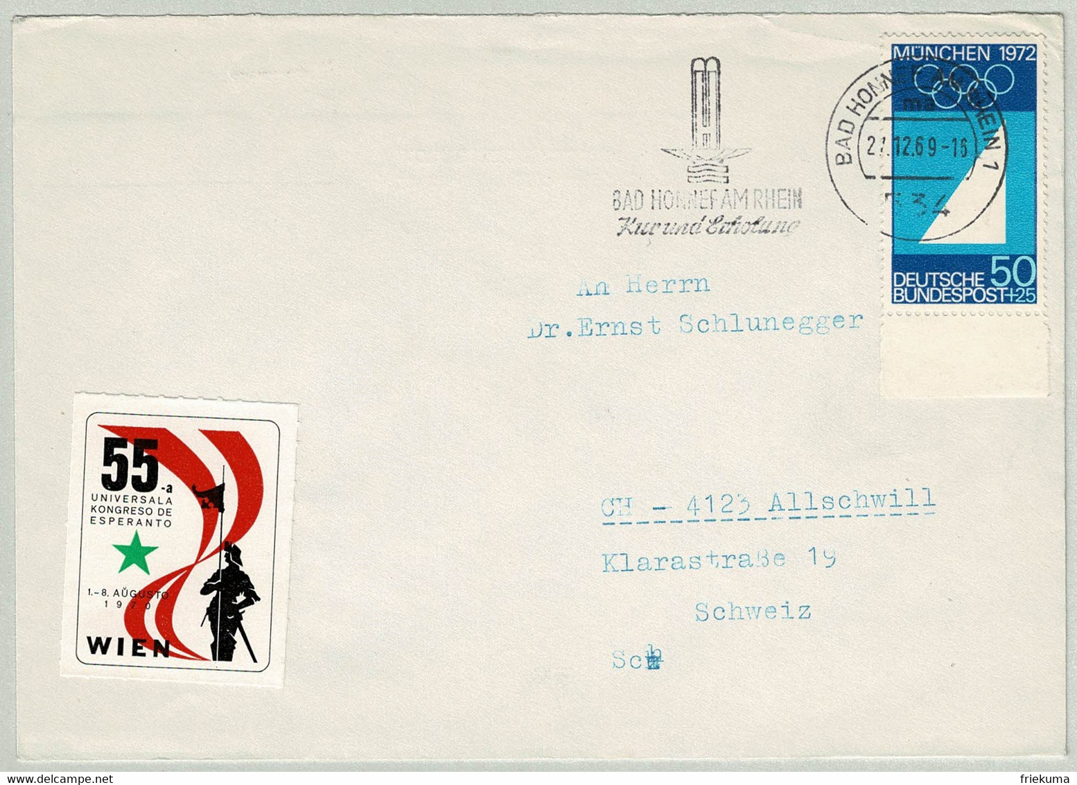 Deutsche Bundespost 1969, Brief Hohnef Am Rhein - Allschwil (CH), Olympische Spiele München 1972, Segeln/Voile/Sailing - Bäderwesen