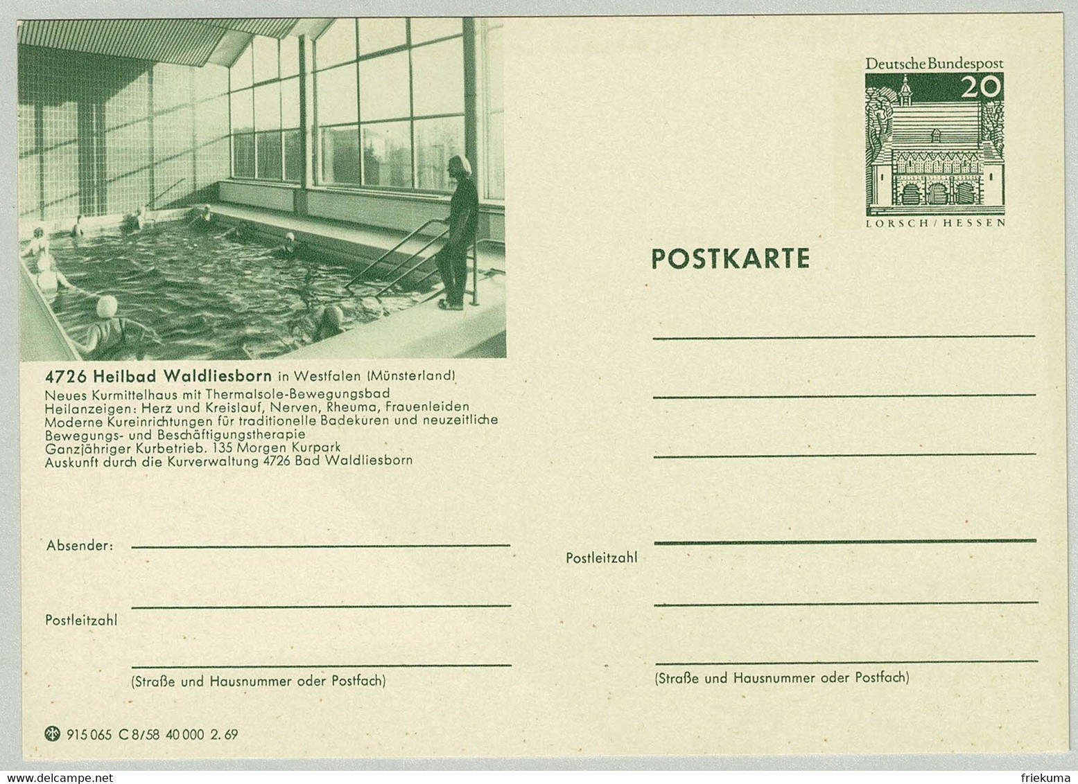 Deutsche Bundespost 1969, Bildpostkarte Heilbad Waldliesborn, Bewegungsbad - Bäderwesen