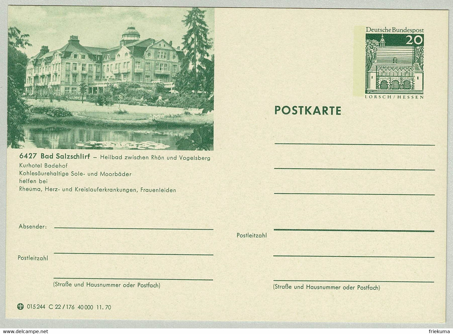 Deutsche Bundespost 1970, Bildpostkarte Bad Salzschlirf, Kurhotel Badehof - Bäderwesen