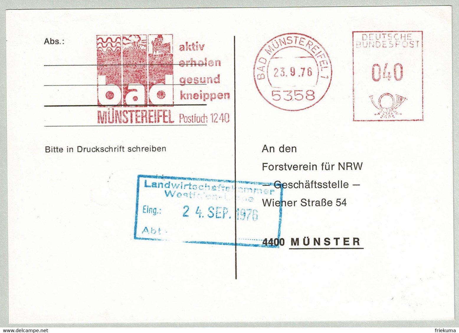 Deutsche Bundespost 1976, Postkarte EMA Bad Münstereifel - Münster - Bäderwesen