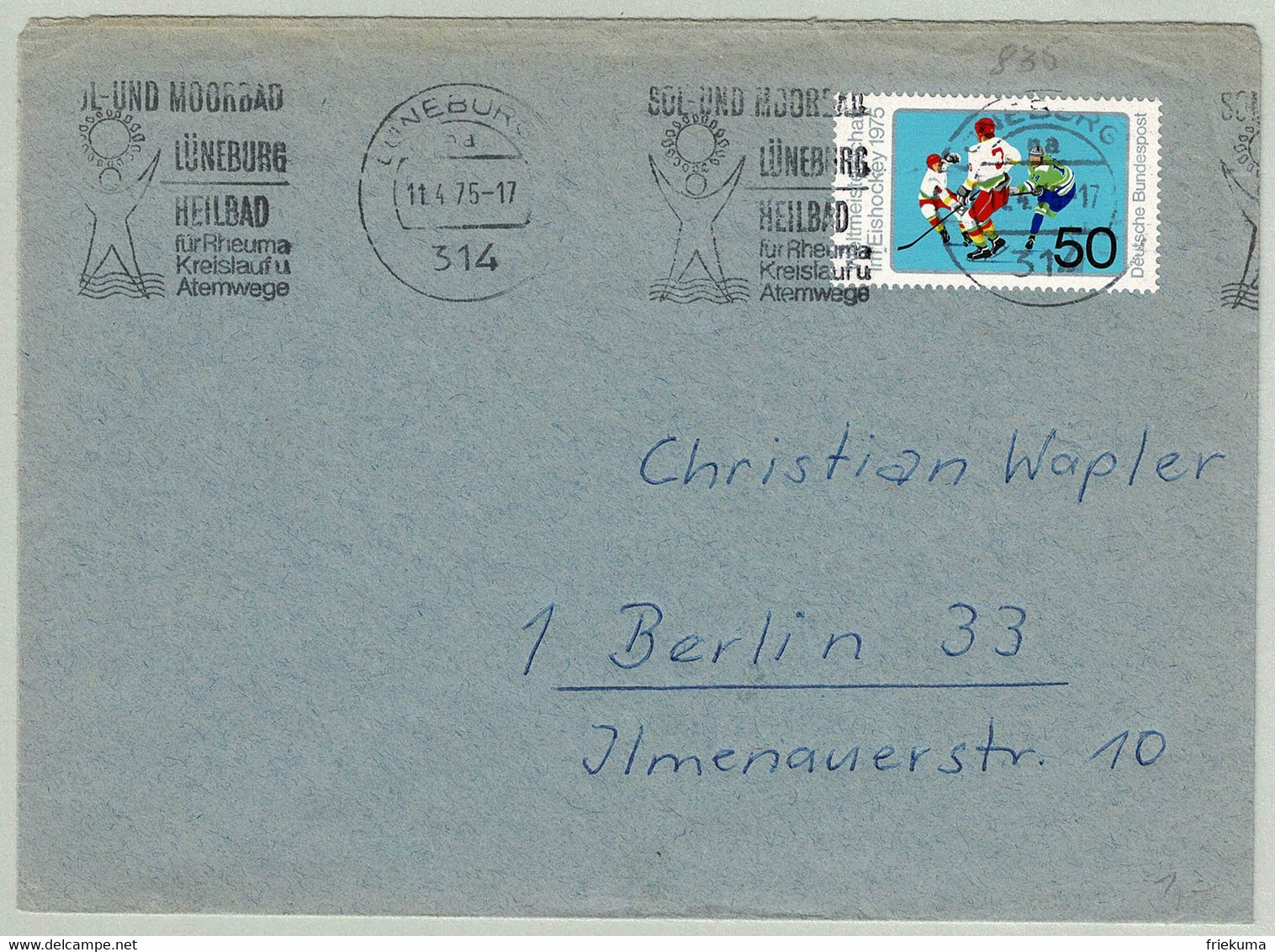 Deutsche Bundespost 1975, Brief Lüneburg - Berlin, Sol- Und Moorbad, Rheuma, Kreislauf, Atemwege, Eishockey/Ice Hockey - Bäderwesen