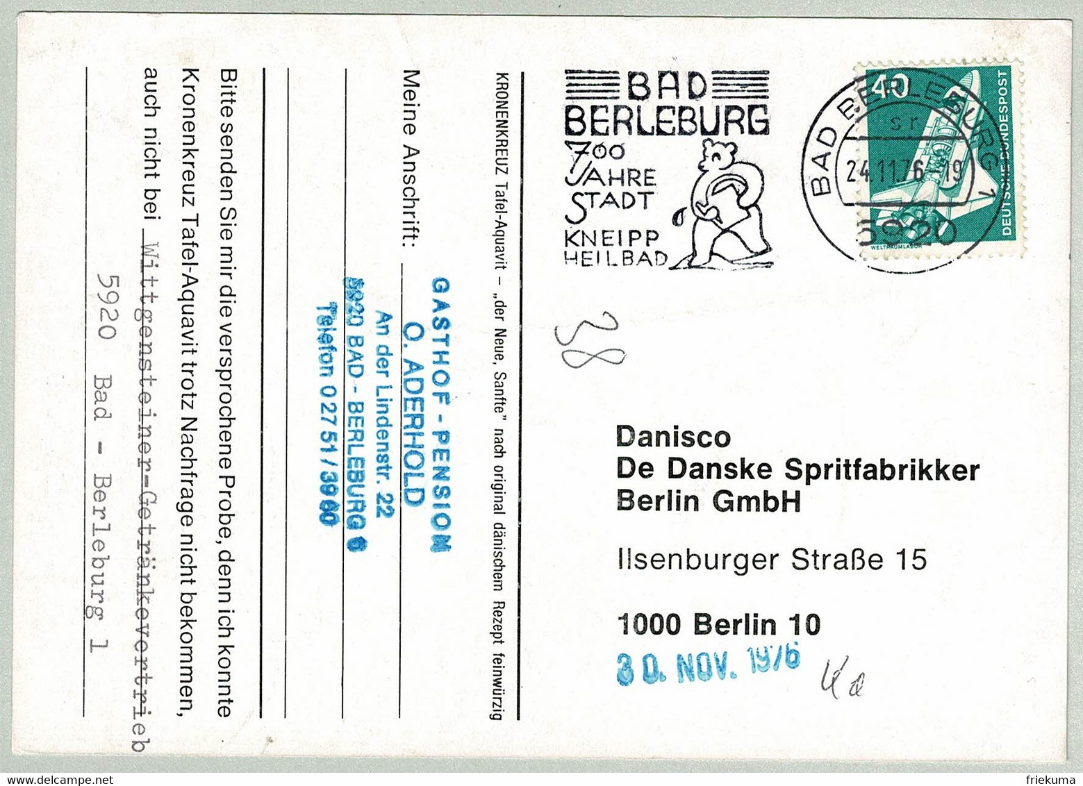 Deutsche Bundespost 1976, Postkarte Bad Berleburg - Berlin, Kneipp, Baumaschine/Construction Machine, Bär/Bear - Bäderwesen