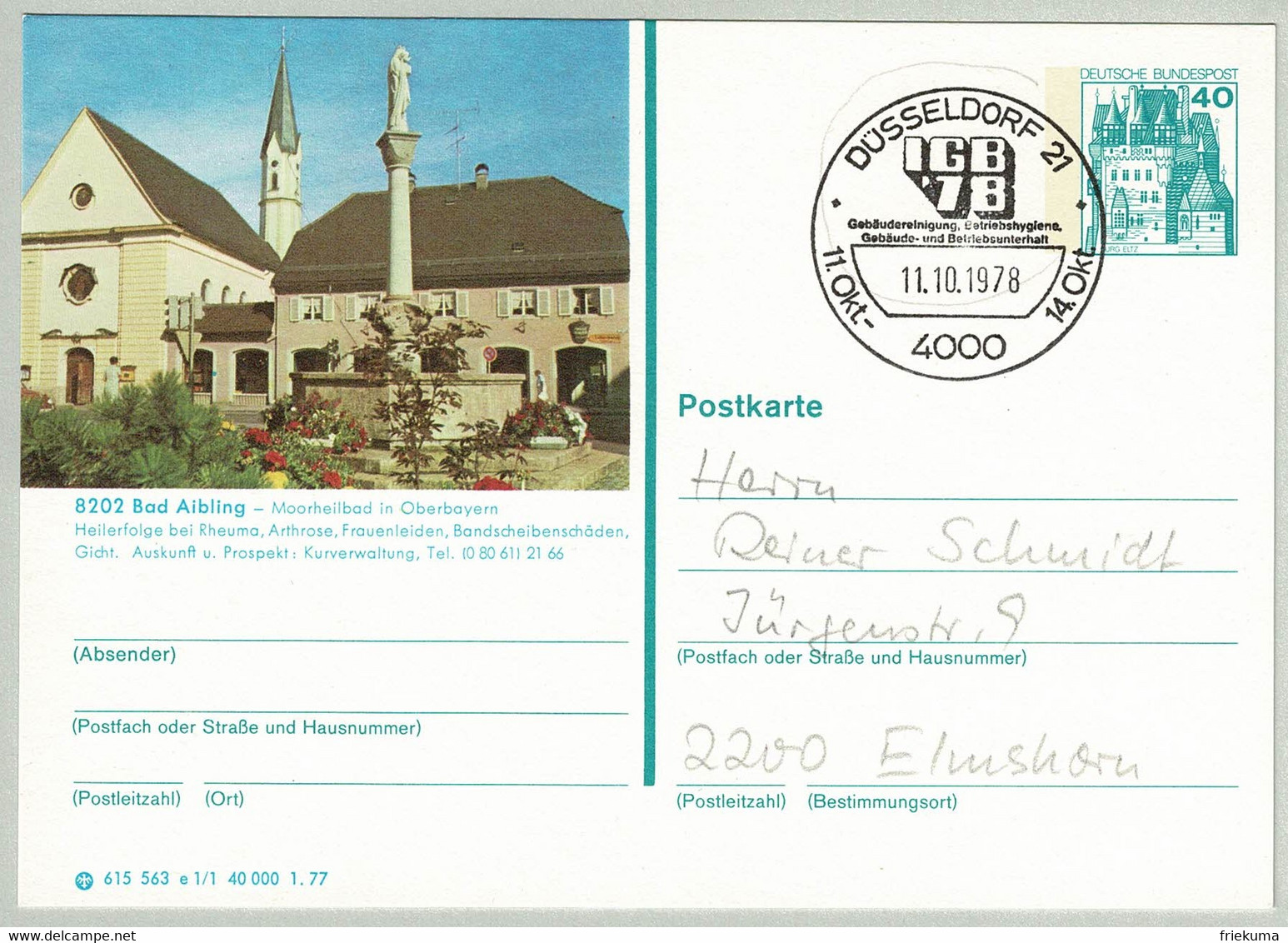 Deutsche Bundespost 1978, Bildpostkarte Schloss Eltz Bad Aibling IGB Düsseldorf - Elmhorn, Brunnen/Fontaine, Castle - Bäderwesen