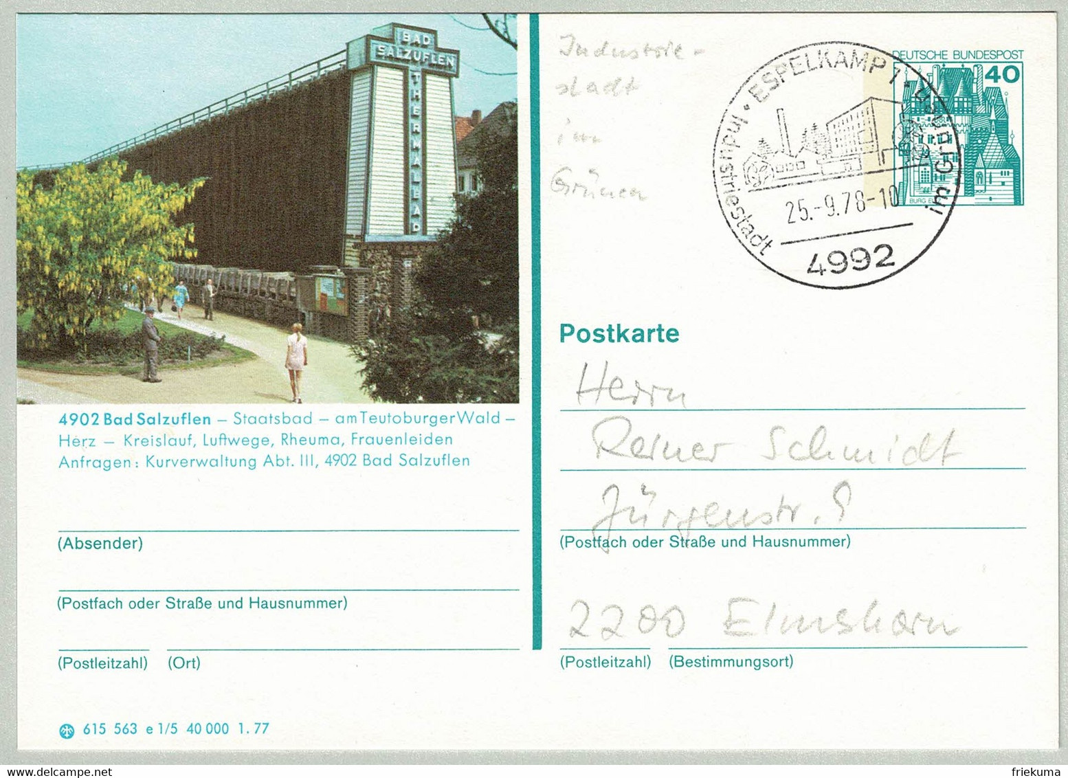 Deutsche Bundespost 1978, Bildpostkarte Schloss Eltz Bad Salzuflen Espelkamp - Elmhorn, Gradierwerk, Château / Castle - Bäderwesen