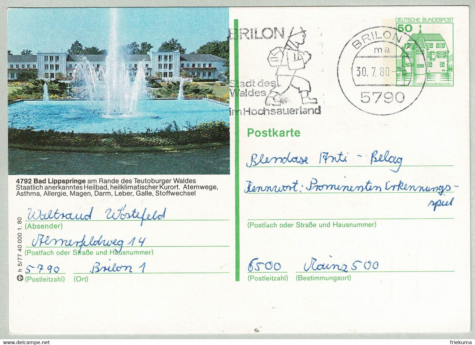 Deutsche Bundespost 1980, Bildpostkarte Wasserschloss Inzlingen Bad Lippspringe Brilon - Mainz, Schloss/Château/Castle - Bäderwesen