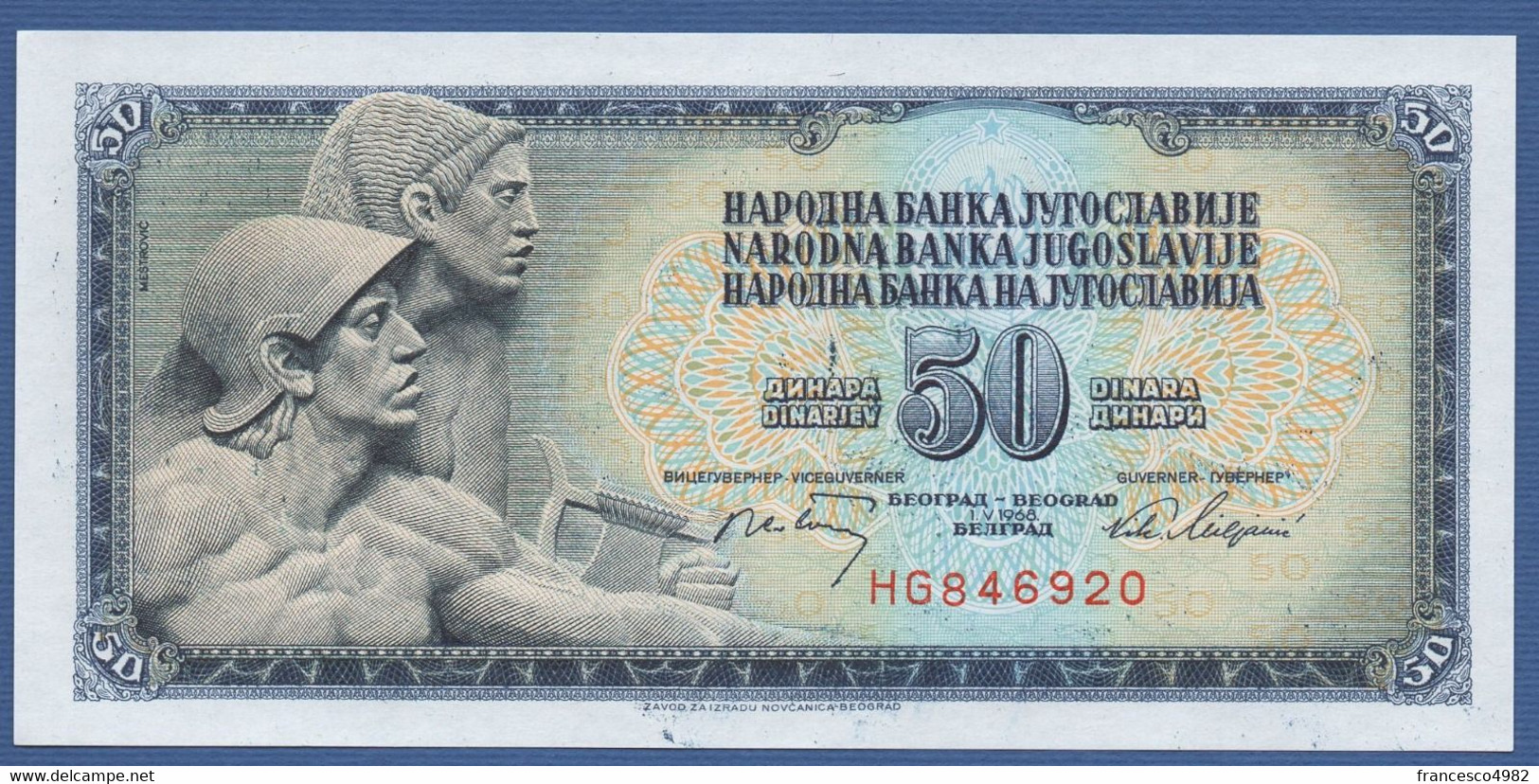 YUGOSLAVIA - P.83b – 50 Dinara 1968 - UNC  Prefix HG - Jugoslawien