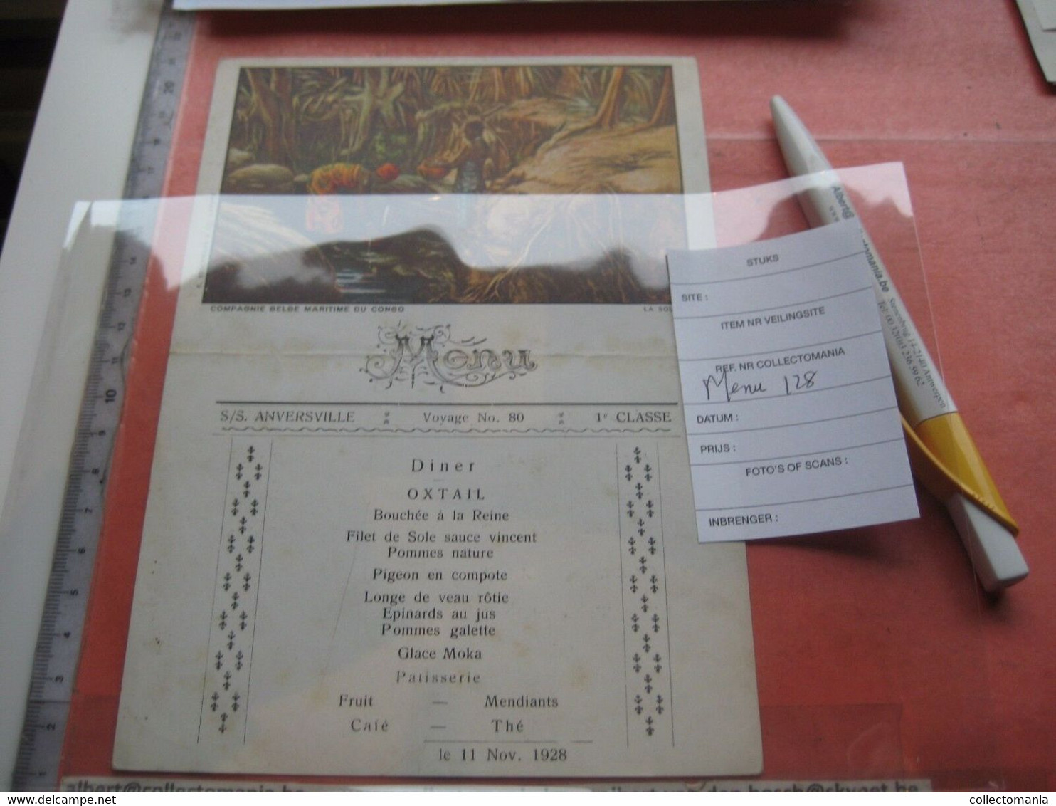 Menu Card, 11 November 1928 Congo Boat ANVERSVILLE, First Class, Programme Spijskaart Met Programma Washing Waspartij - Menus