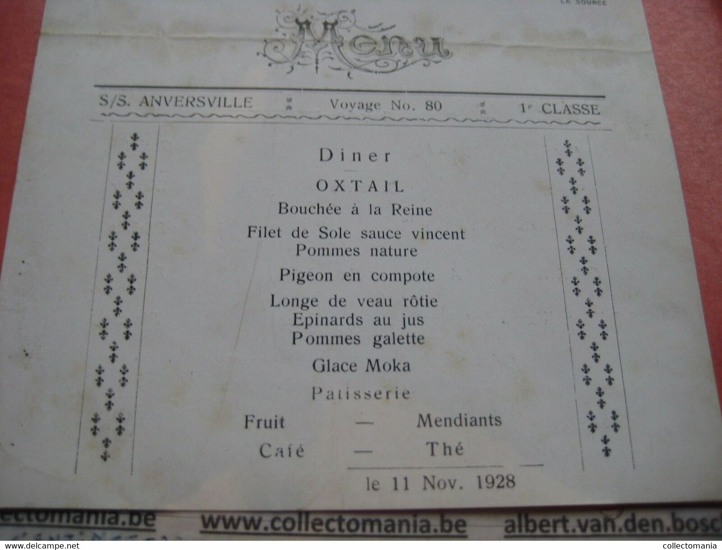 Menu Card, 11 November 1928 Congo Boat ANVERSVILLE, First Class, Programme Spijskaart Met Programma Washing Waspartij - Menus