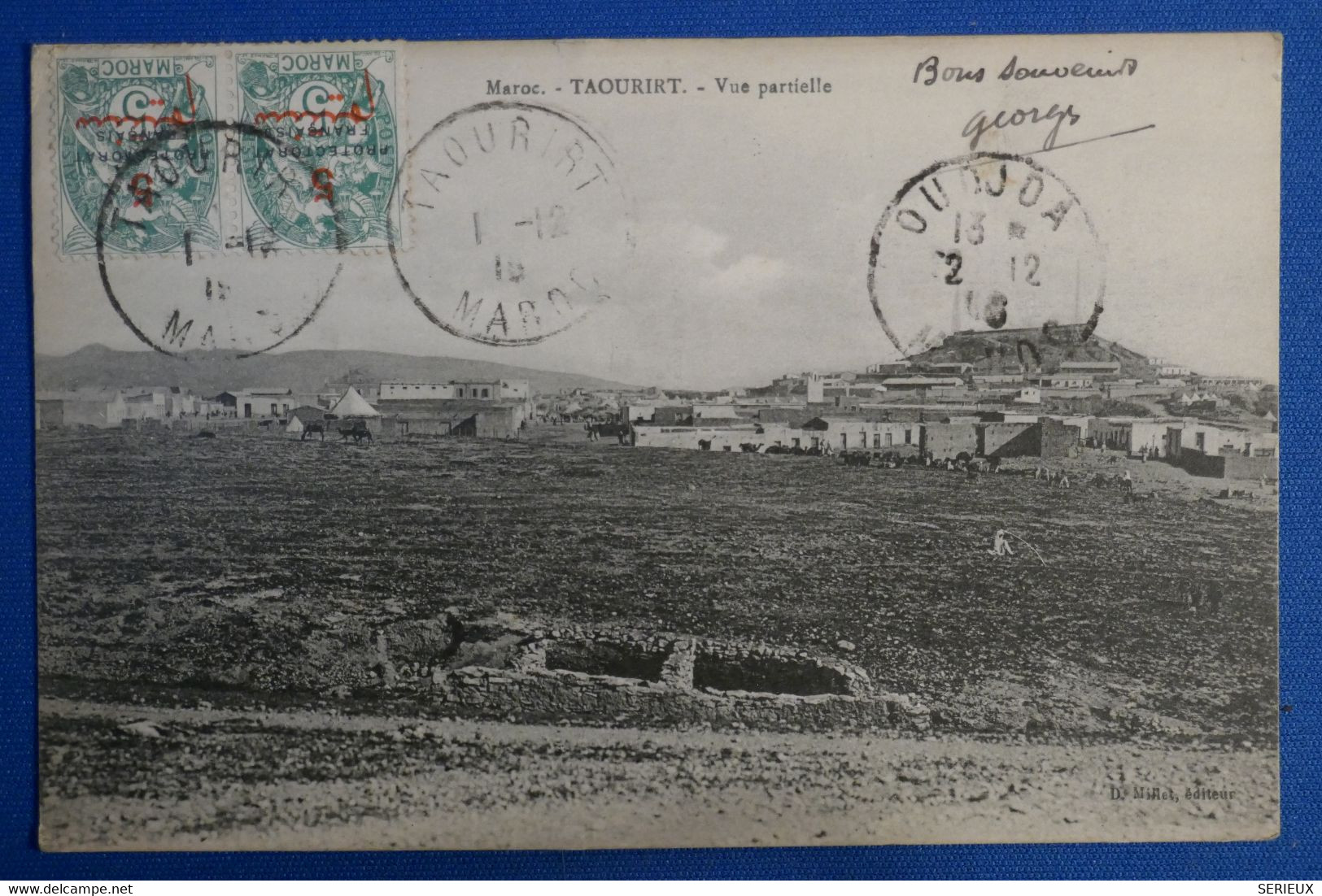 O6 MAROC  BELLE CARTE 1915 PETIT BUREAU TAOURIRT POUR  PARIS FRANCE + SURCHARGE SUR PAIRE DE T.P+ AFFRANCH .PLAISANT - Covers & Documents