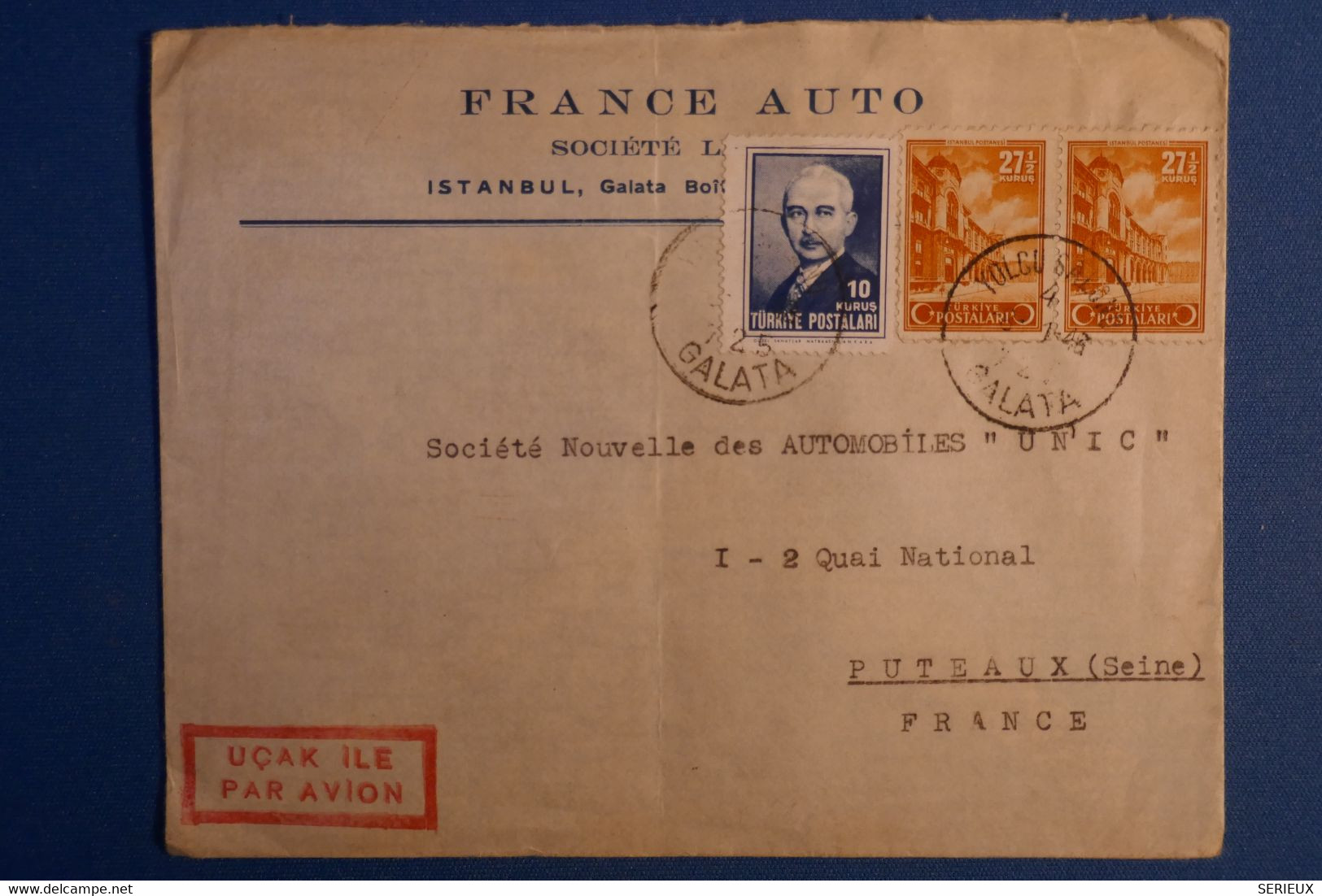 O6  TURQUIE BELLE  LETTRE  1943 PAR AVION GALATA POUR PUTEAUX FRANCE + PAIRE DE T.P  + AFFRANCHISSEMENT INTERESSANT - Covers & Documents