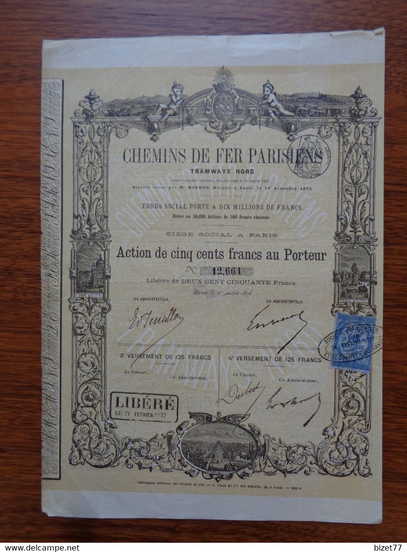 FRANCE - PARIS 1876 - CHEMIN DE FER PARISIENS TRAMWAYS NORD - ACTION DE 500 FRS - Other & Unclassified