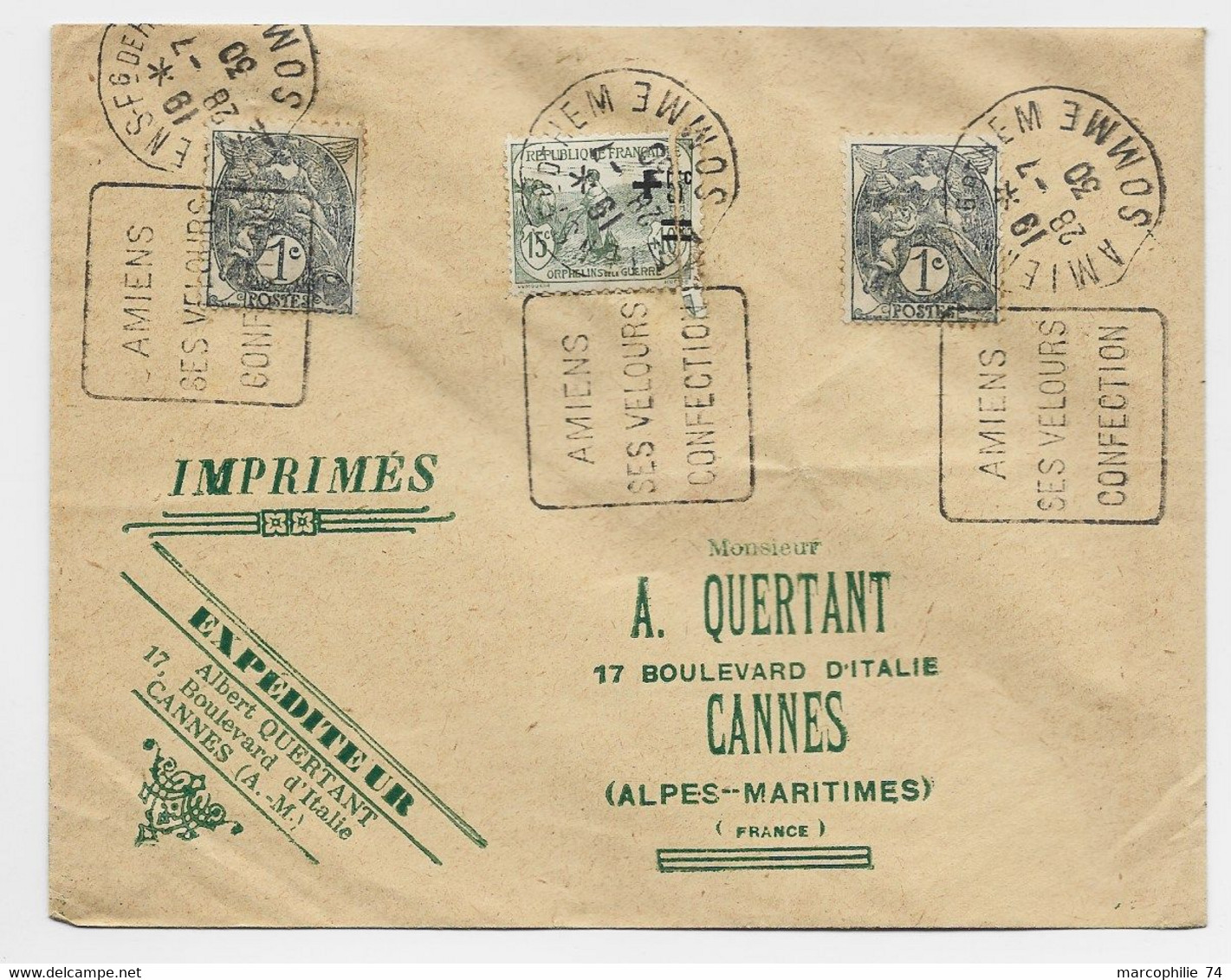 BLANC 1CX2+15C ORPHELIN DEFECTUEUX BELLE ENVELOPPE ROUGE AU DOS  SOUVENIR POSTAL DAGUIN AMIENS 28.7.30 SOMME - 1900-29 Blanc