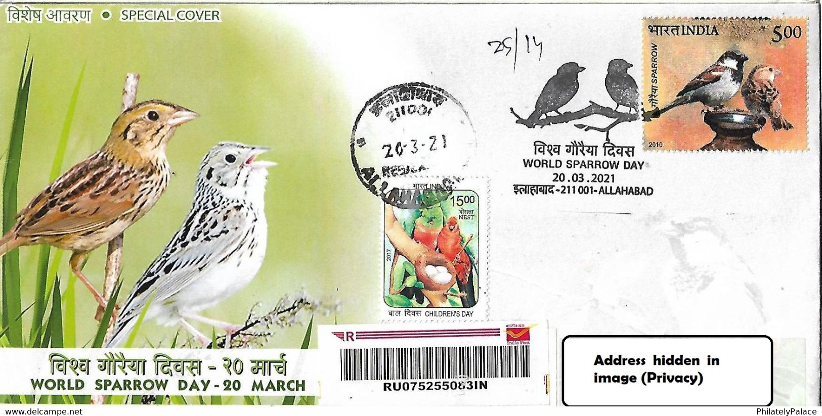 INDIA *** 2021 WORLD SPARROW DAY Registered Special R Cover FDC Sparrows Bird Aves Fauna Birds Rare(**) Inde Indien - Passeri