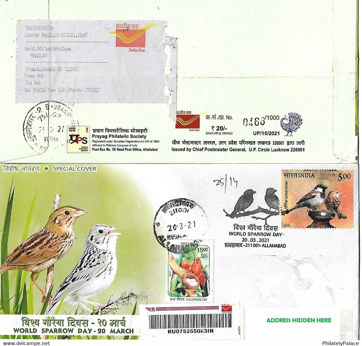 INDIA *** 2021 WORLD SPARROW DAY Registered Special R Cover FDC Sparrows Bird Aves Fauna Birds Rare(**) Inde Indien - Passeri