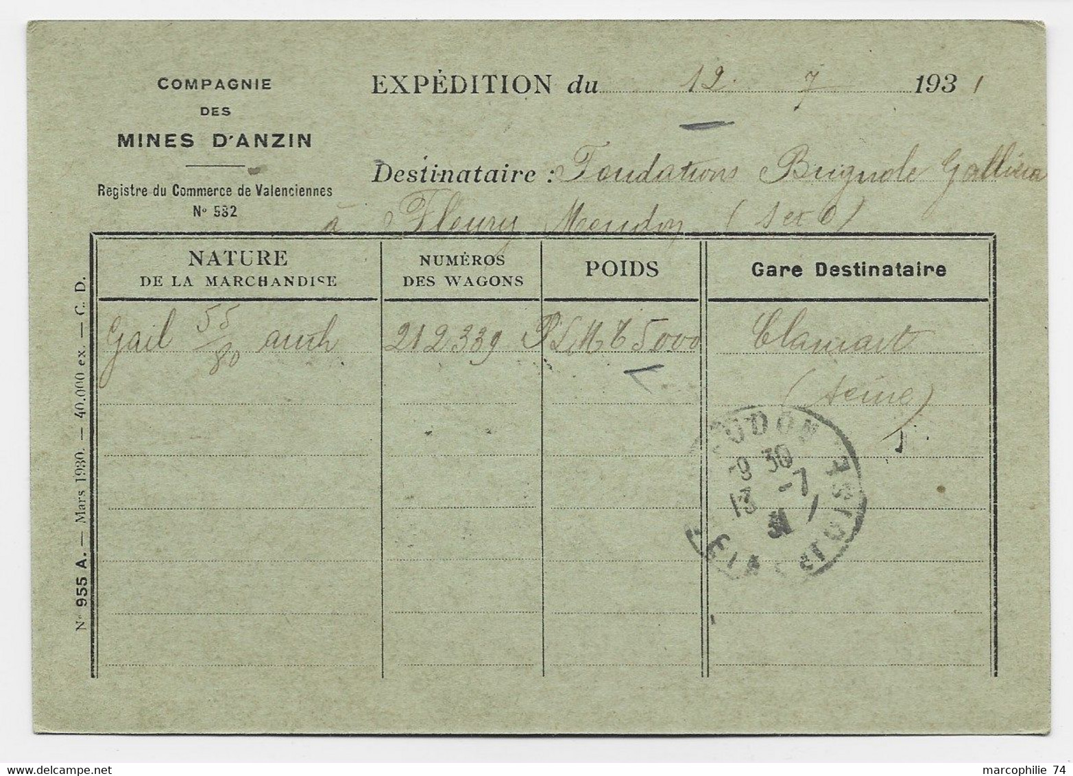 ENTIER SEMEUSE 40C OUTREMER CP REPIQUAGE MINES D'ANZIN  CONVOYEUR VIEUX CONDE NORD 11.7.31 - Standard- Und TSC-AK (vor 1995)