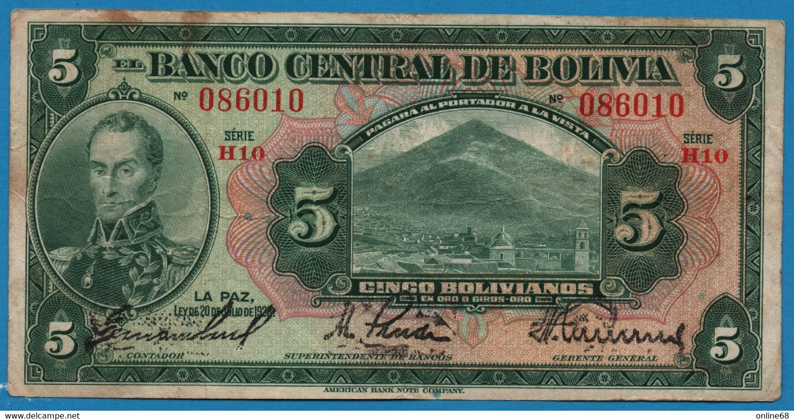 BOLIVIA 5 Bolivianos   	  L. 20.07.1928  # H10 086010  P# 120  Simón Bolívar - Bolivie