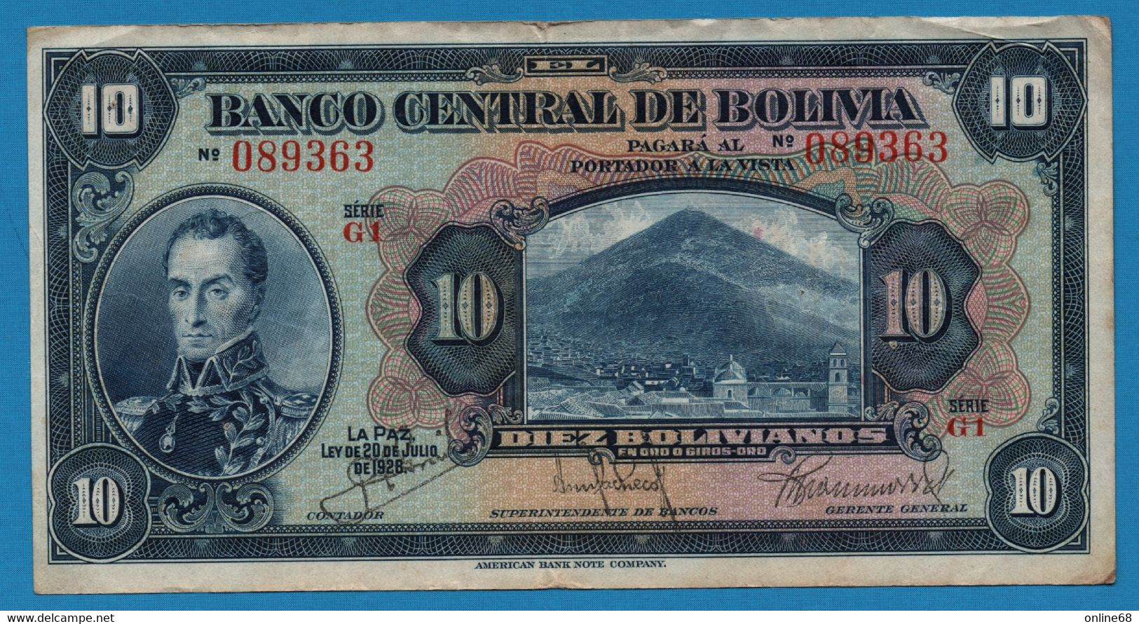 BOLIVIA 10 Bolivianos   	  L. 20.07.1928  # G1 089363  P# 121  Simón Bolívar - Bolivie