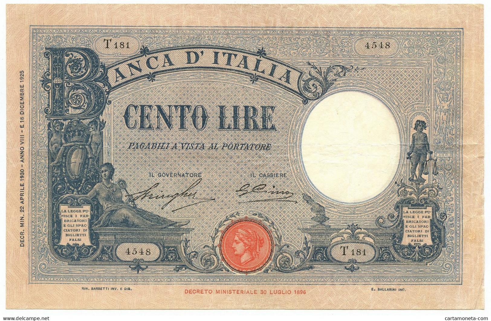100 LIRE BARBETTI GRANDE B AZZURRO TESTINA FASCIO 22/04/1930 BB+ - Regno D'Italia – Other