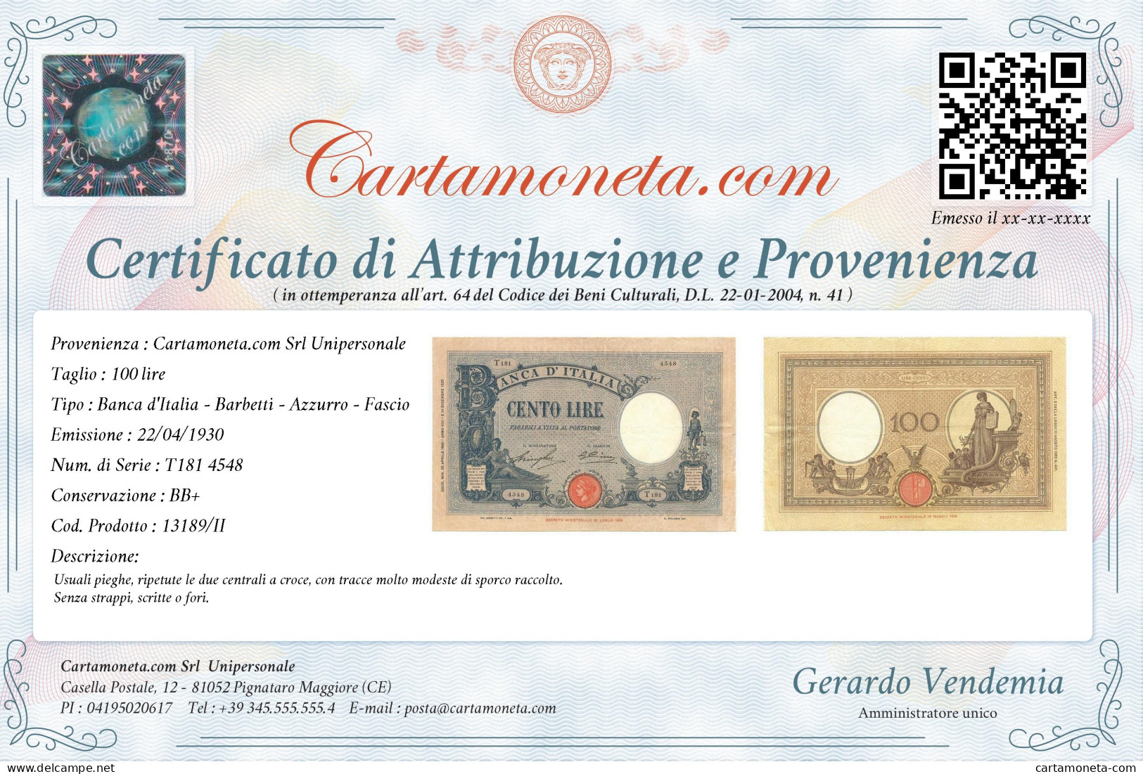 100 LIRE BARBETTI GRANDE B AZZURRO TESTINA FASCIO 22/04/1930 BB+ - Regno D'Italia – Other