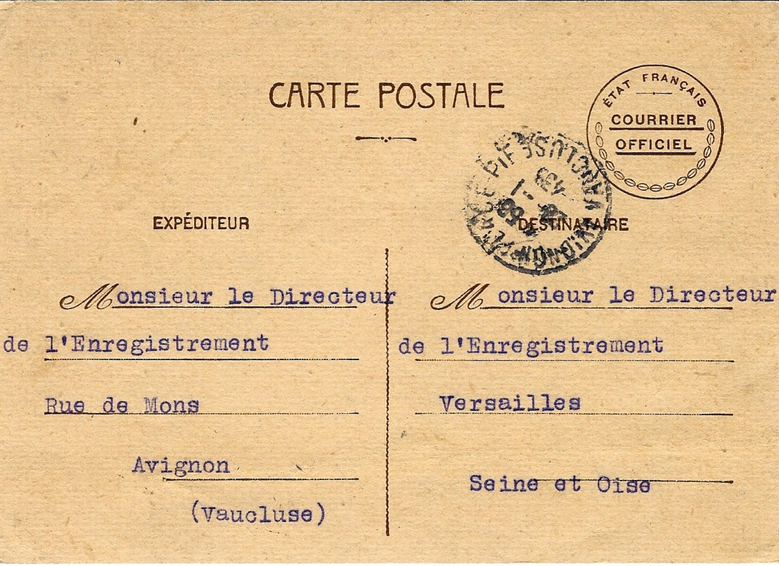 1943-  C P  " ETAT FRANCAIS / COURRIER OFFICIEL " D'Avignon Pour Versailles ( Voyagée ) - Guerra De 1939-45