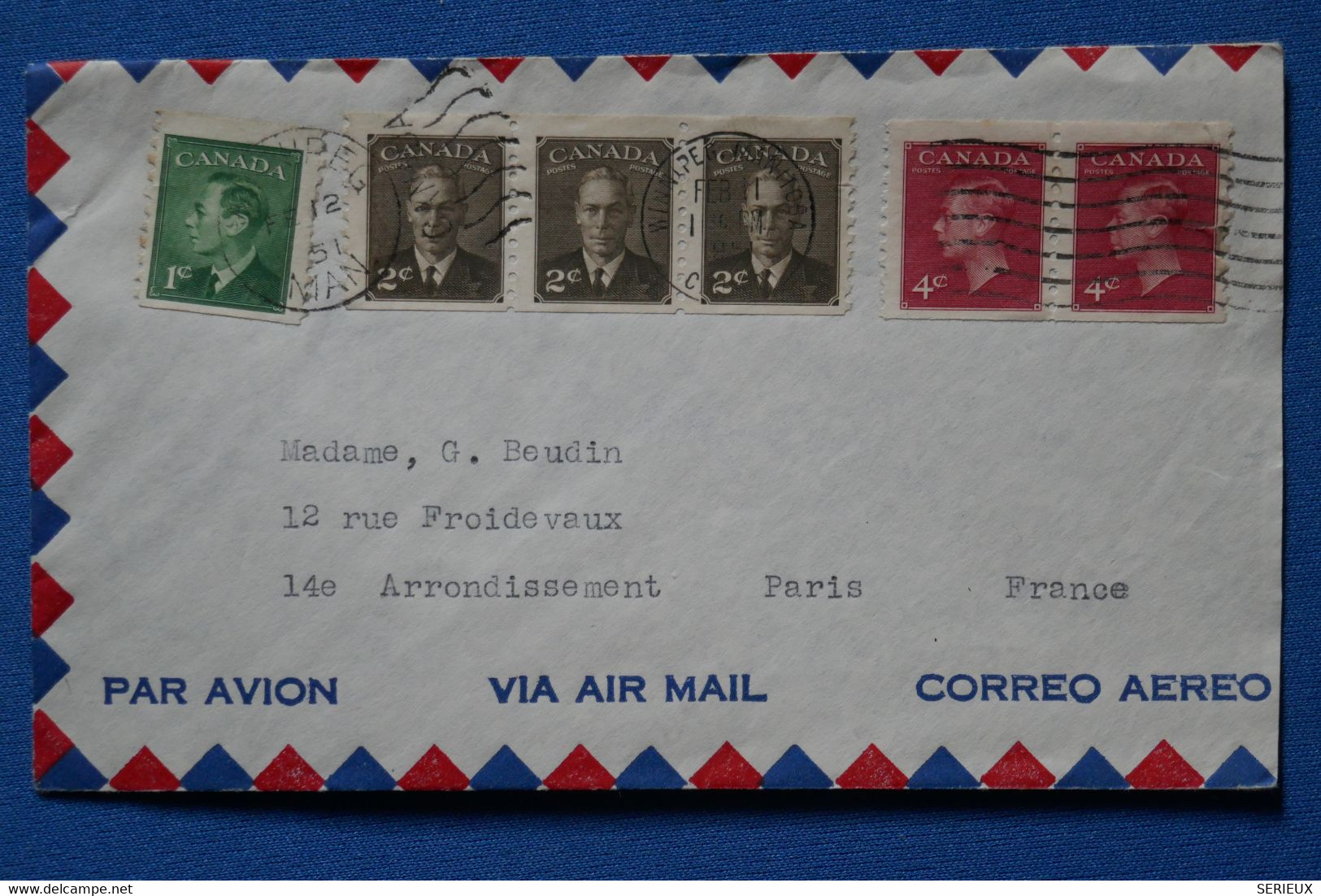 O7 CANADA BELLE LETTRE   1951 PAR AVION WINNIPEG POUR PARIS + BANDES DE T.P + AFFRANCHISSEMENT PLAISANT - Lettres & Documents