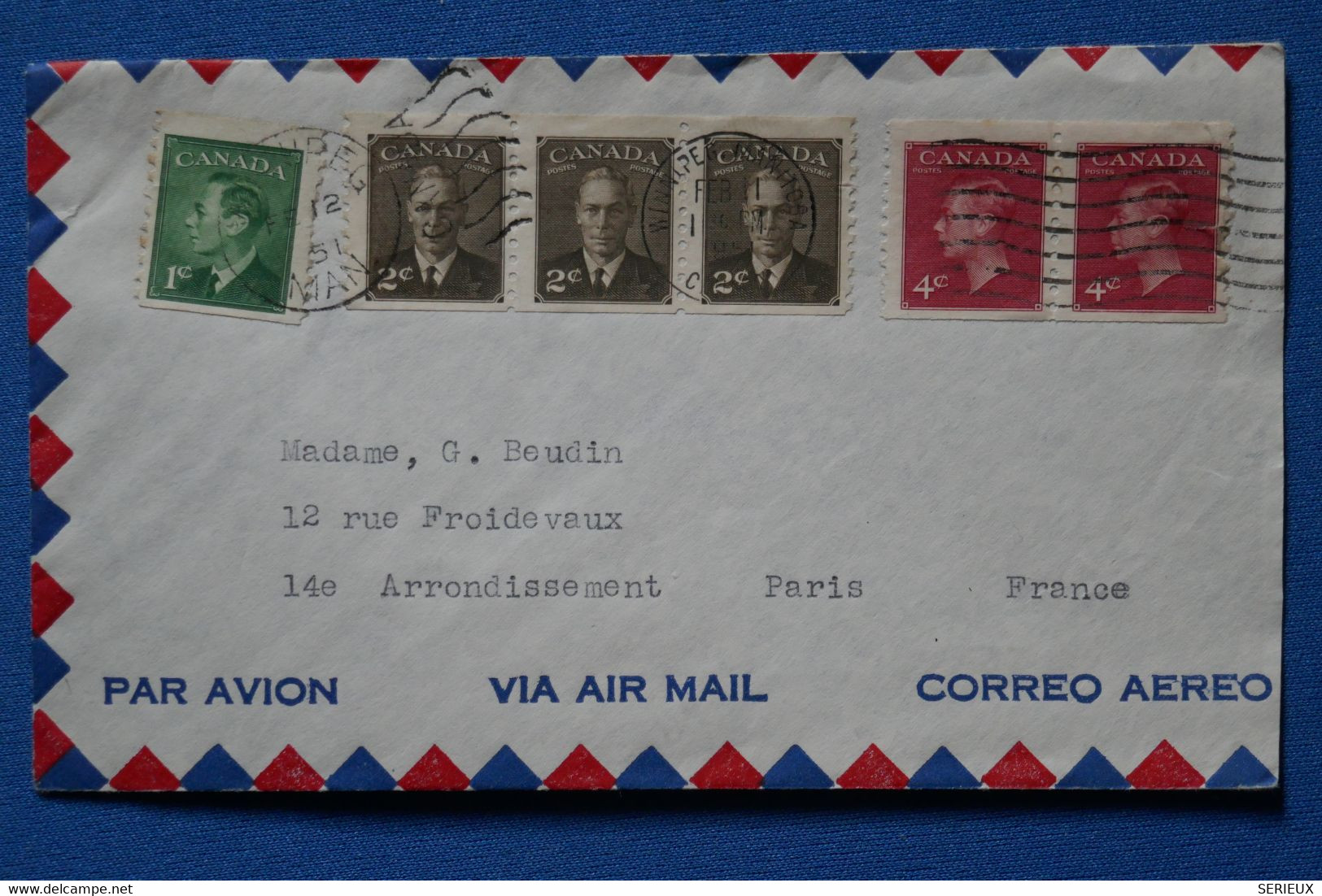 O7 CANADA BELLE LETTRE   1951 PAR AVION WINNIPEG POUR PARIS + BANDES DE T.P + AFFRANCHISSEMENT PLAISANT - Brieven En Documenten