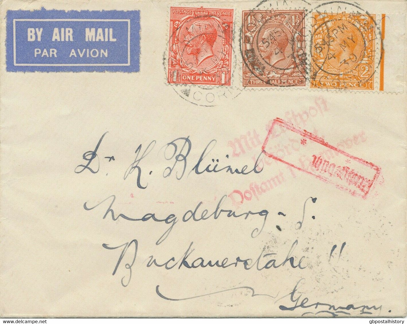 GB 1930 Nice Three-color Franking GV 1 D, 1 ½ D And 2 D (marginal Item, VARIETY) Airmail To MAGDEBURG, Germany - Variétés, Erreurs & Curiosités